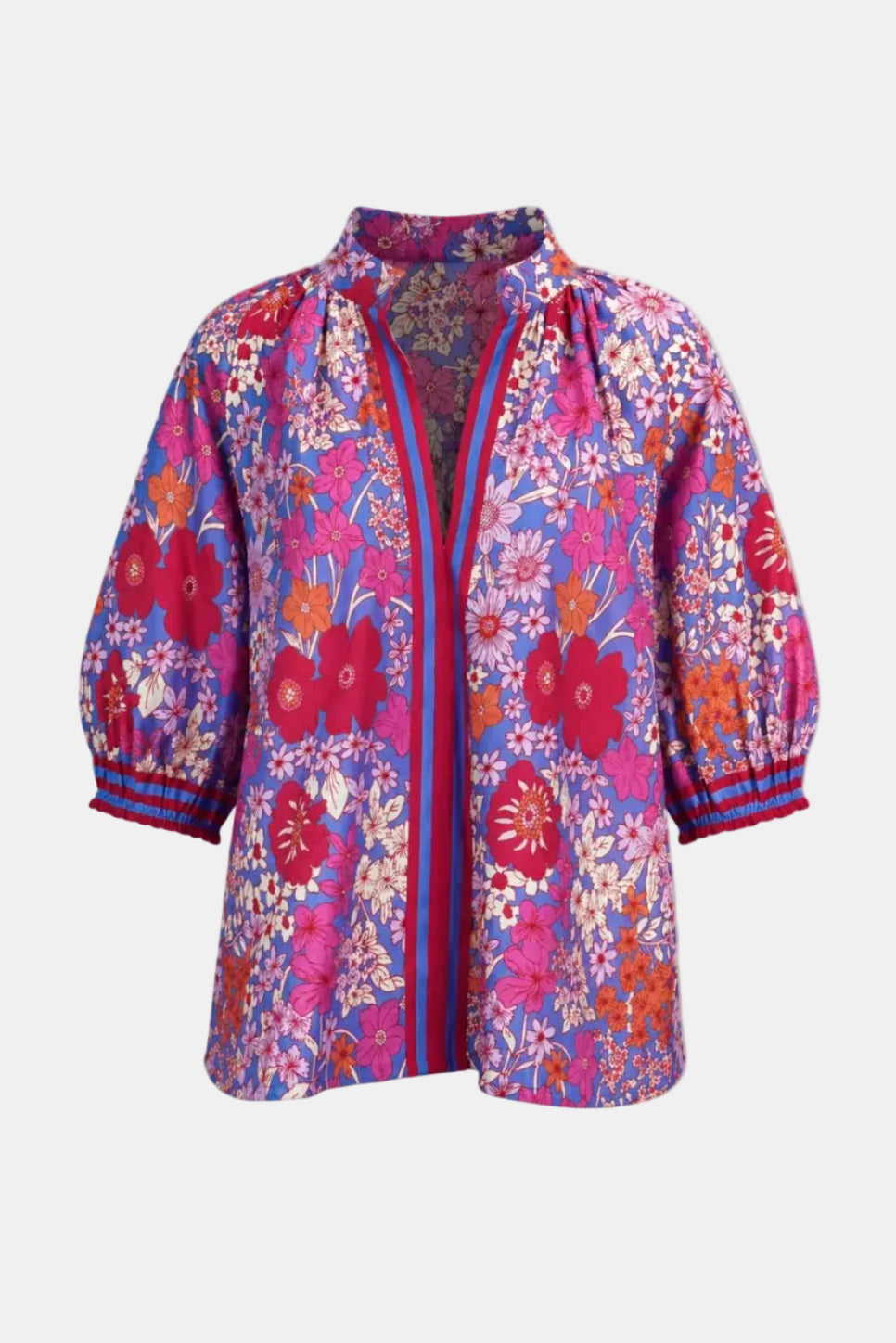 Colorful floral-patterned jacket on a white background