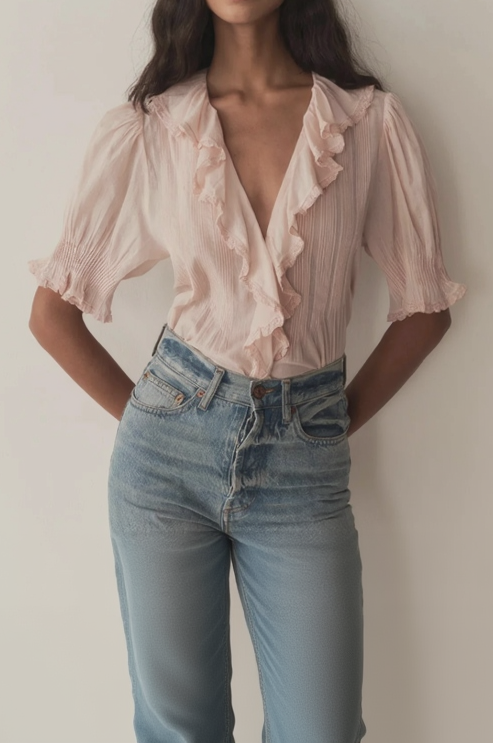 Woman wearing a light pink blouse with ruffled details and blue jeans against a plain background