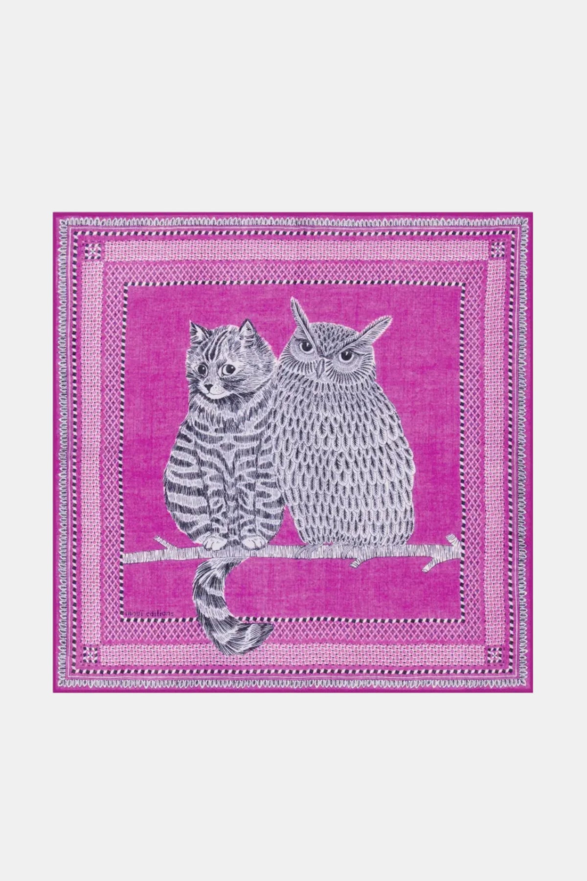 Pink scarf with a cat and owl design on a white background