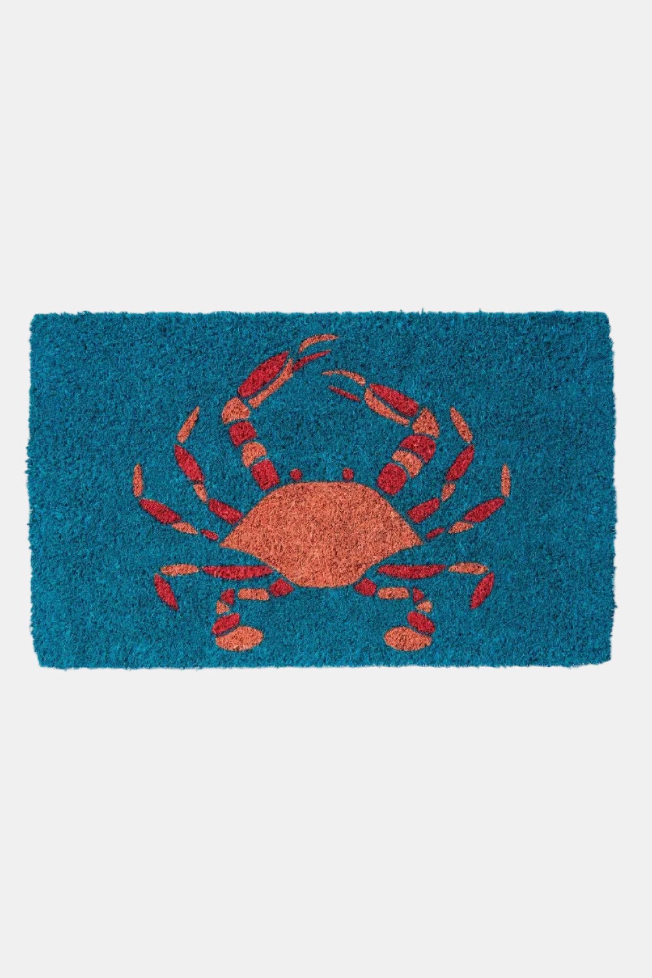Doormat with a red crab design on a blue background