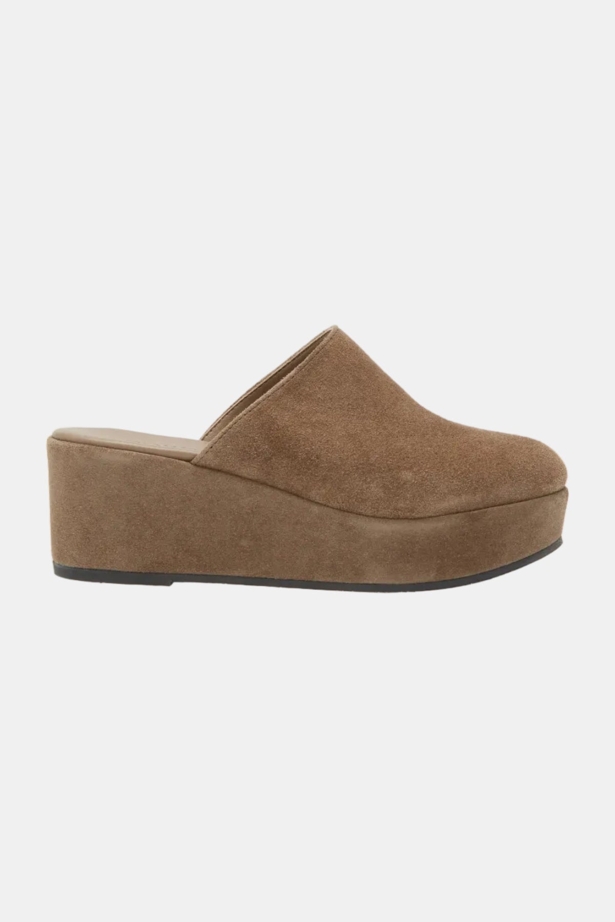 A single brown suede platform clog shoe shown from a side profile view against a plain white background.