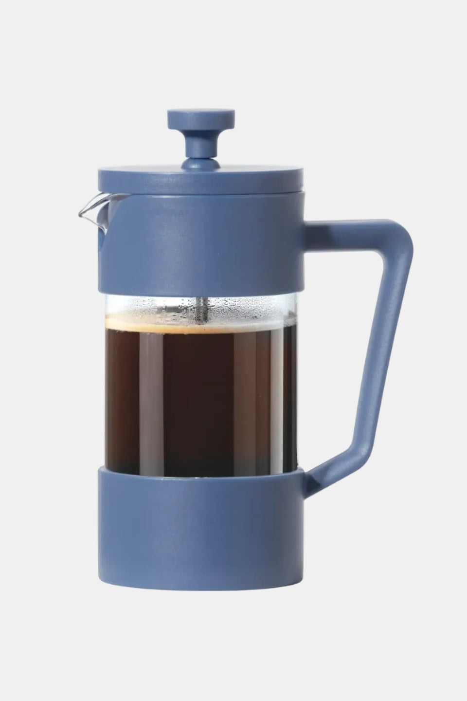 Blue French press with coffee on a white background