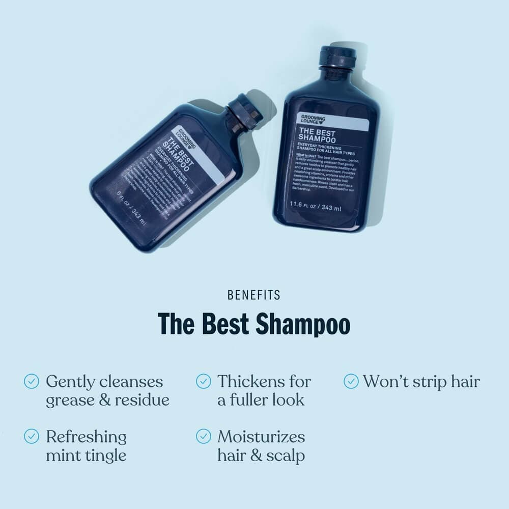 Two bottles of 'The Best Shampoo' with benefits listed on a light blue background