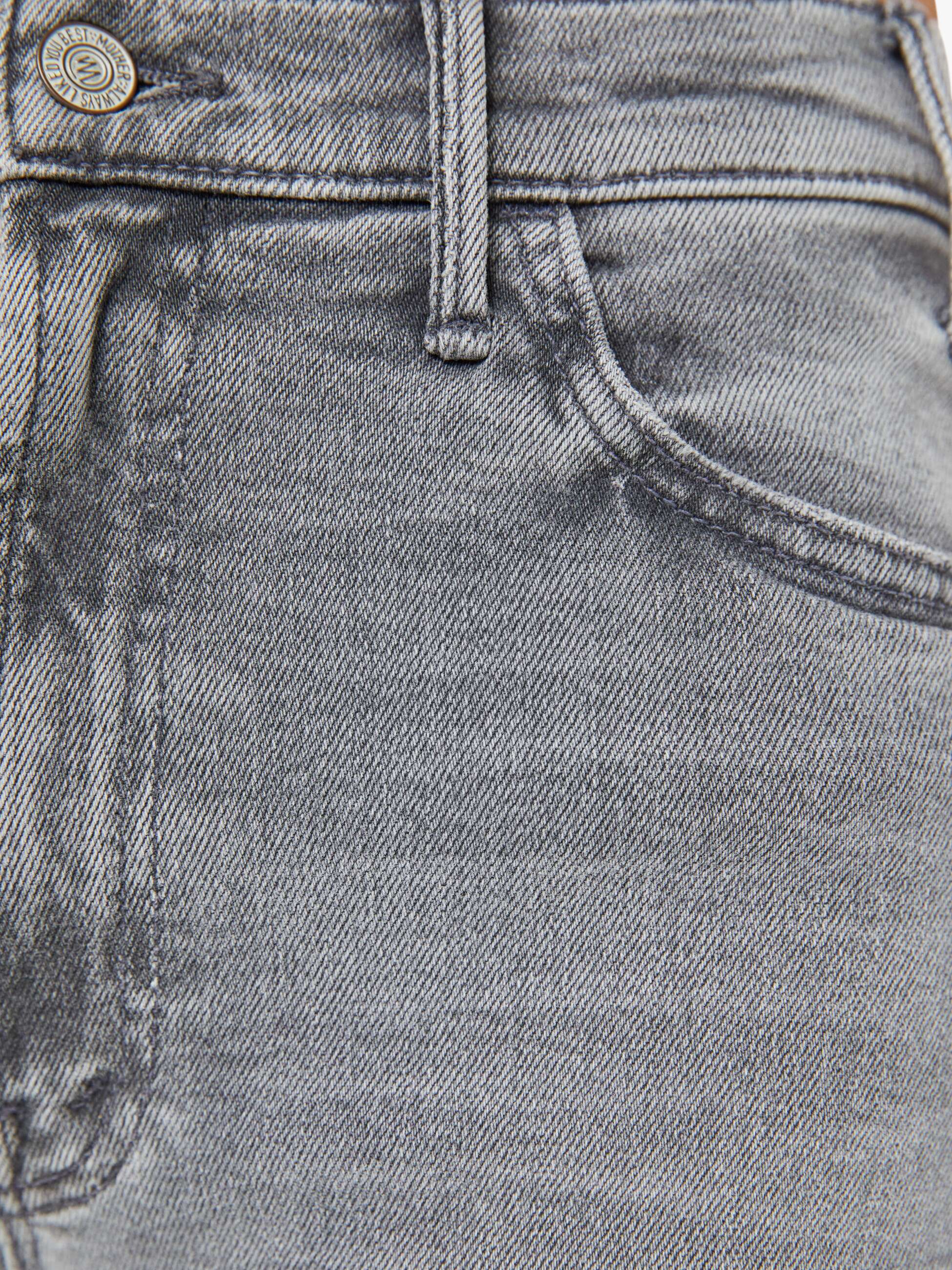Close-up of gray denim jeans with stitching details
