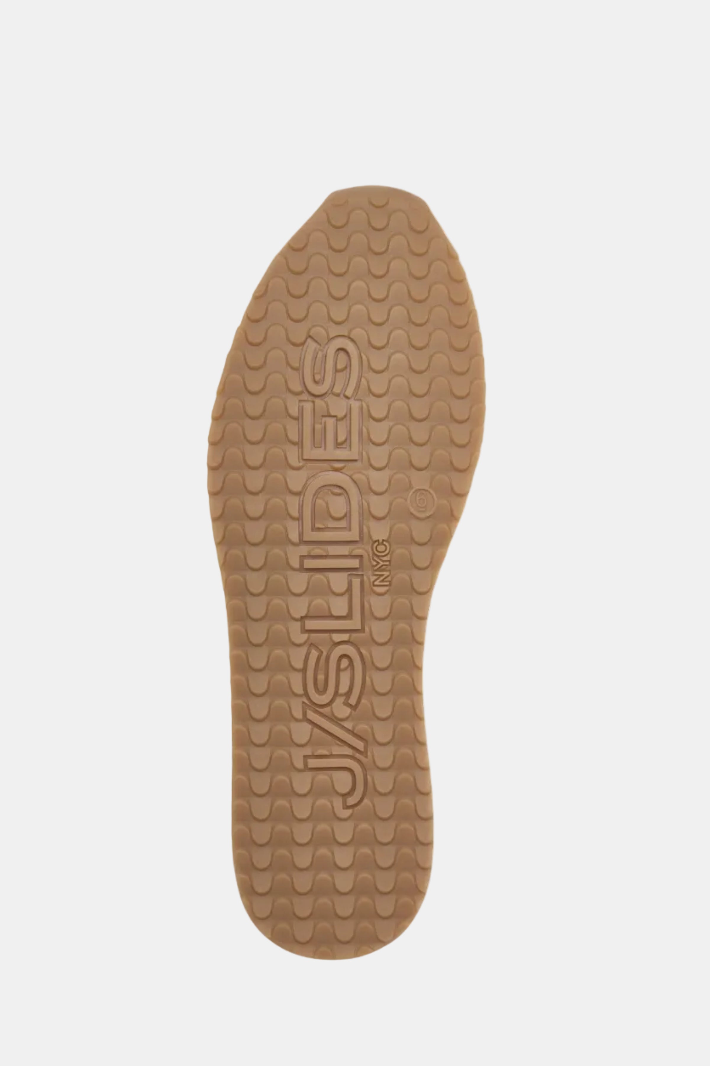 Brown shoe sole with 'JSlides' branding on a white background