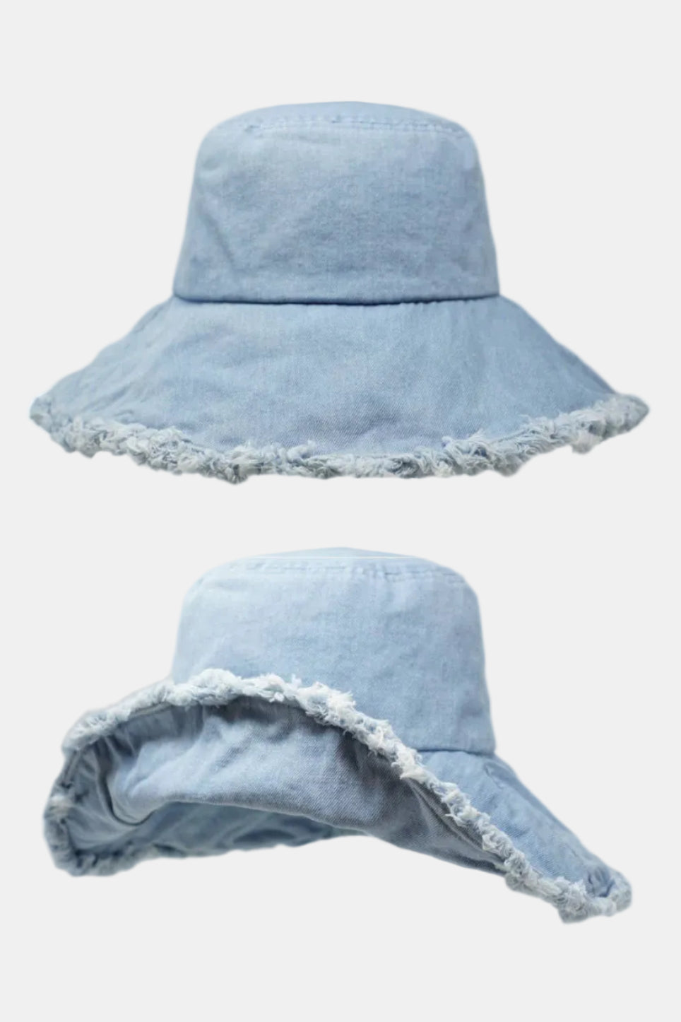 Two light blue denim hats with lace trim on a white background