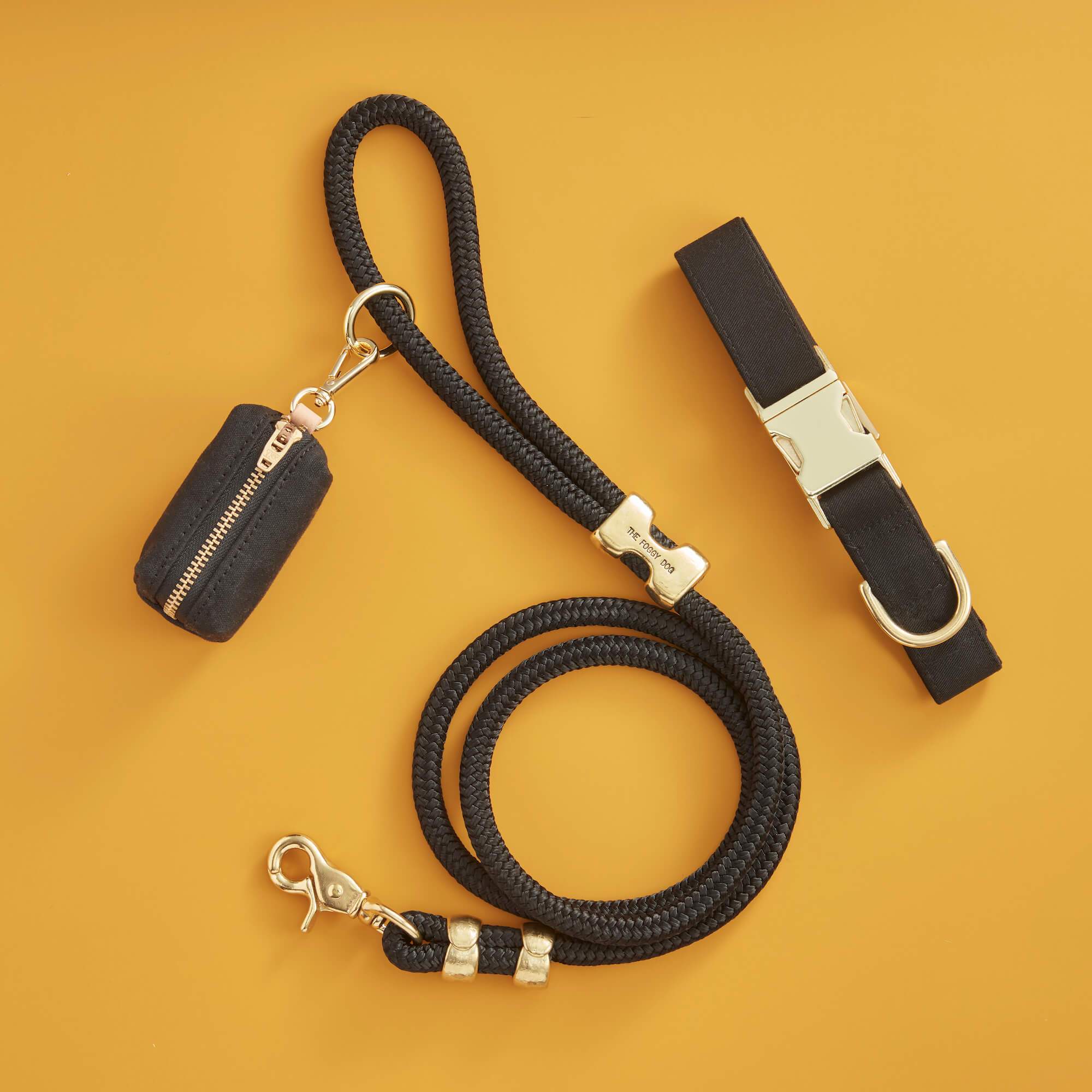 Dog leash, car keychain, and black strap on a yellow background