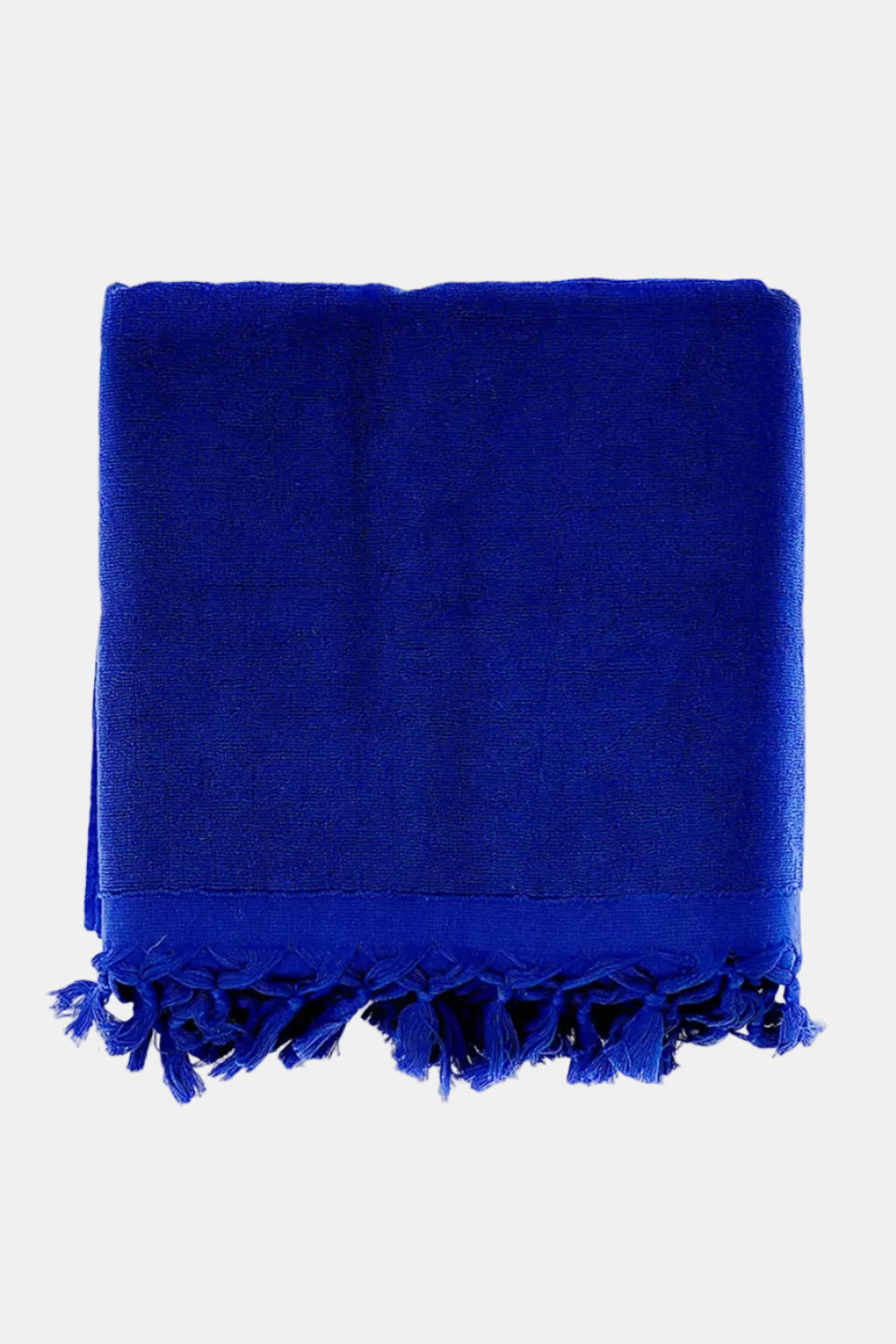 Blue towel with frayed edges on a white background