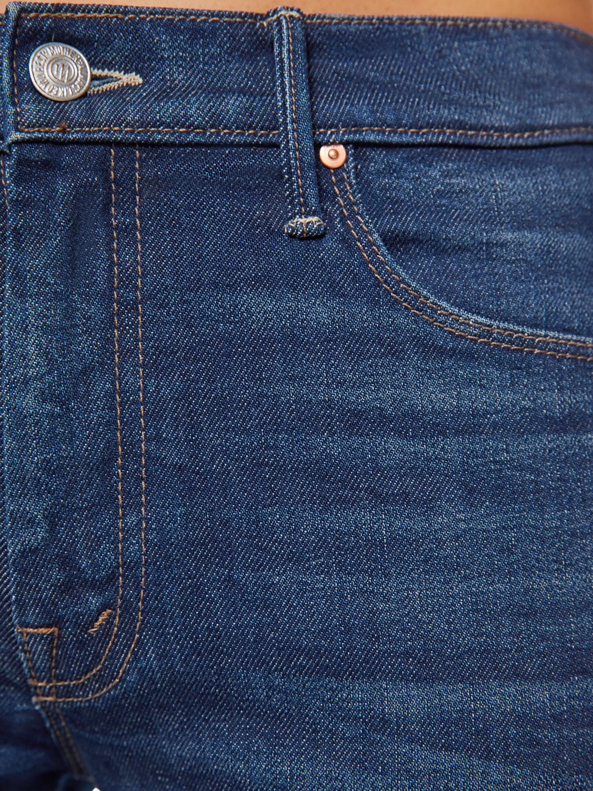 Close-up of blue denim jeans with stitching details
