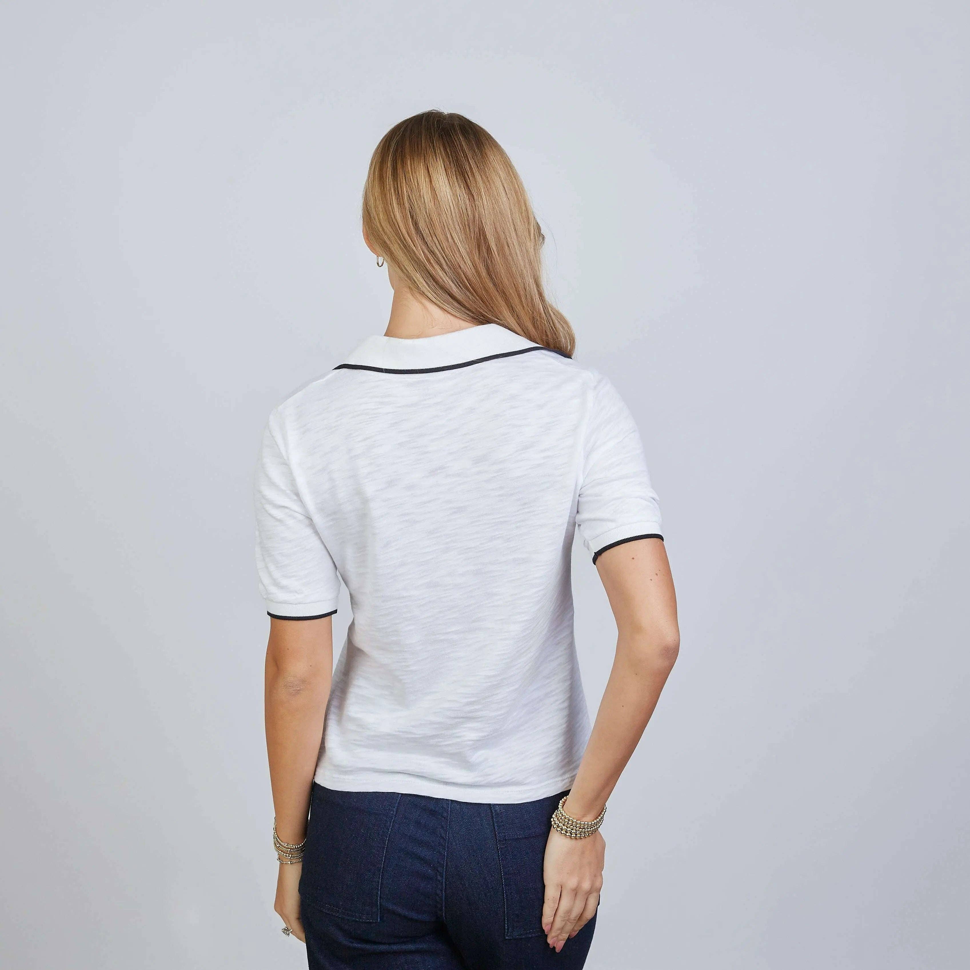 Piper Polo in White with Black Contrast Piping - Short Sleeve