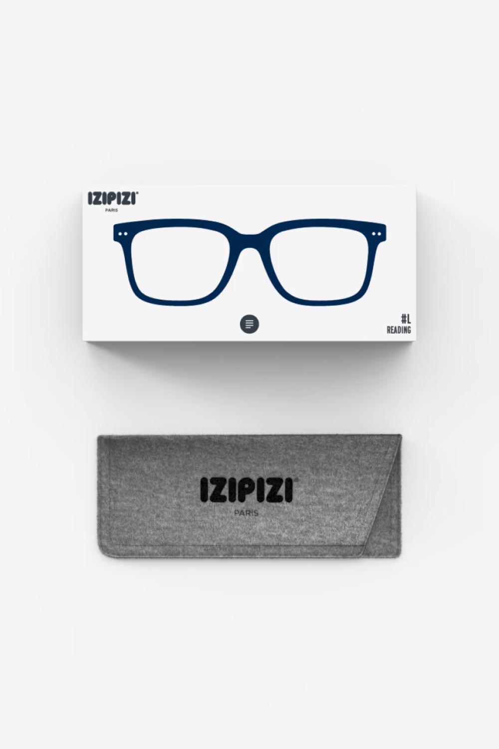 A pair of rectangular eyeglasses with a dark blue frame, shown with its white retail box and a gray fabric case. The brand name 'IZIPZI' is visible on the box and the case.