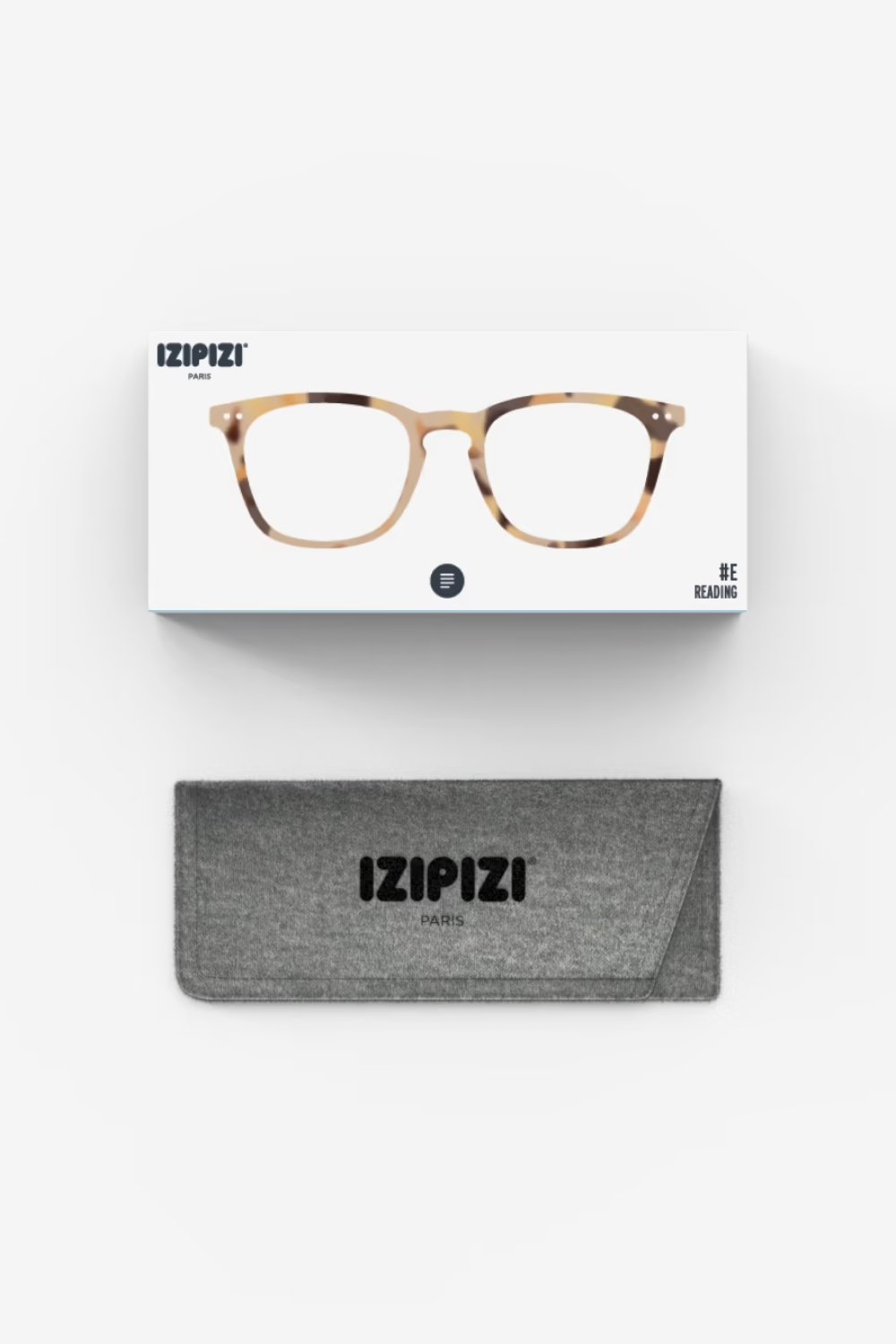 A pair of rectangular eyeglasses with a tortoiseshell pattern in beige and brown, shown with its white retail box and a gray fabric case below on a light gray background. The brand name 'IZIPZI' is visible on the box and case.