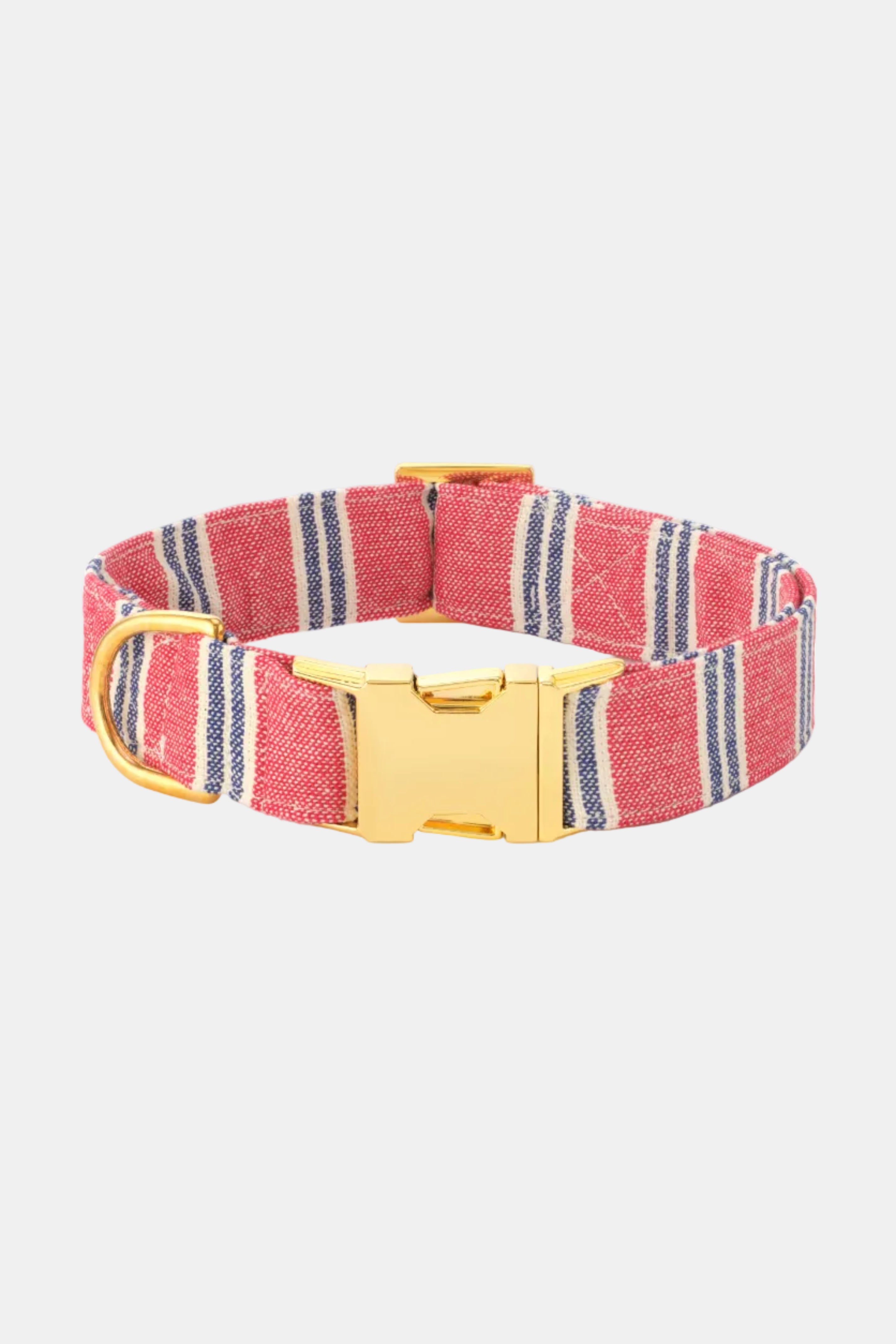 Dog collar with red and blue striped pattern and gold buckle on a white background