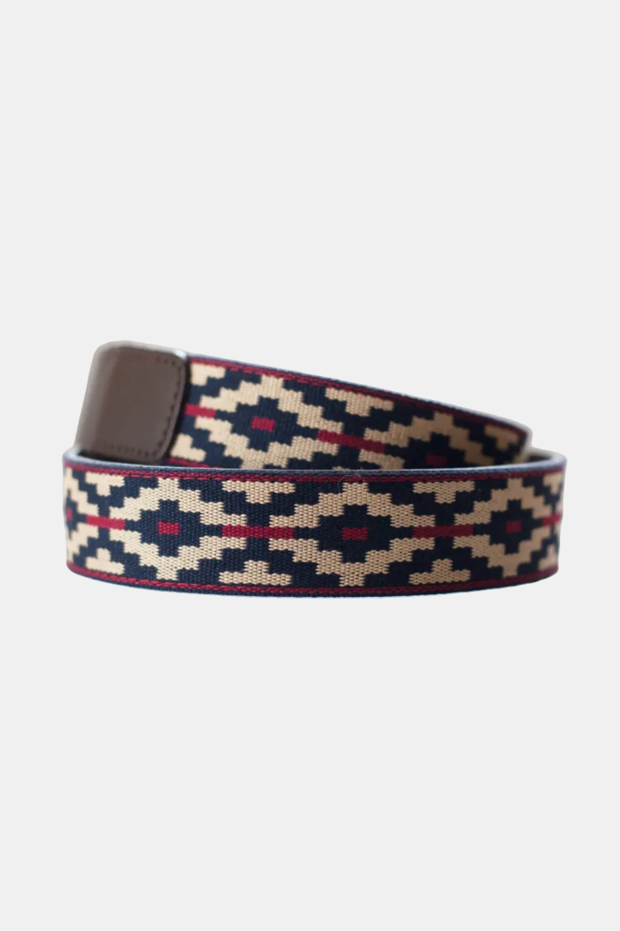 Patterned belt with a brown buckle on a white background