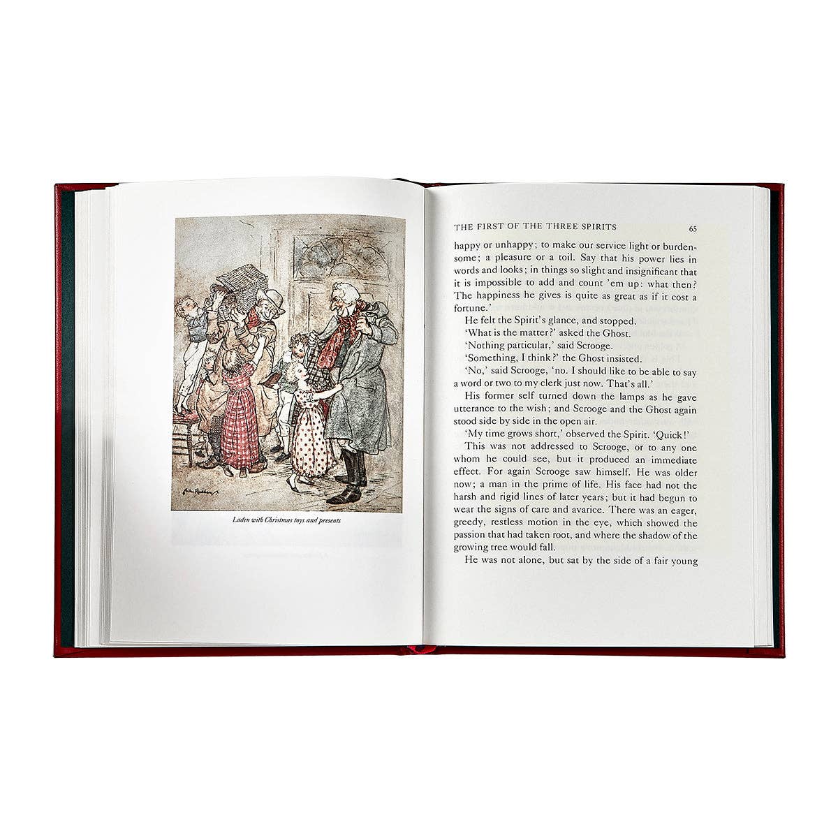 Open book with illustrations and text on a white background