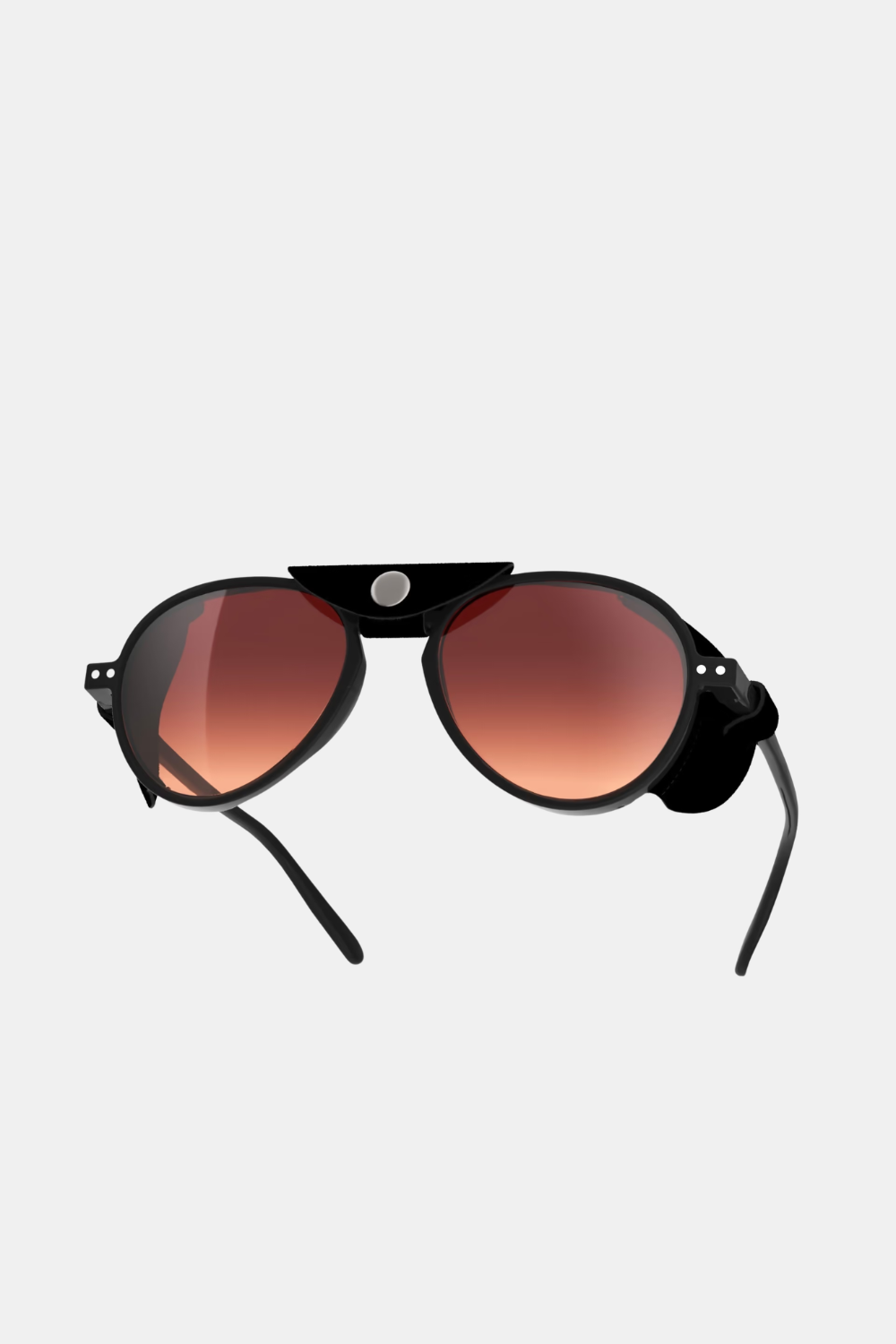 Black aviator-style sunglasses with round lenses and a small silver circular detail on the bridge, shown against a light gray background.
