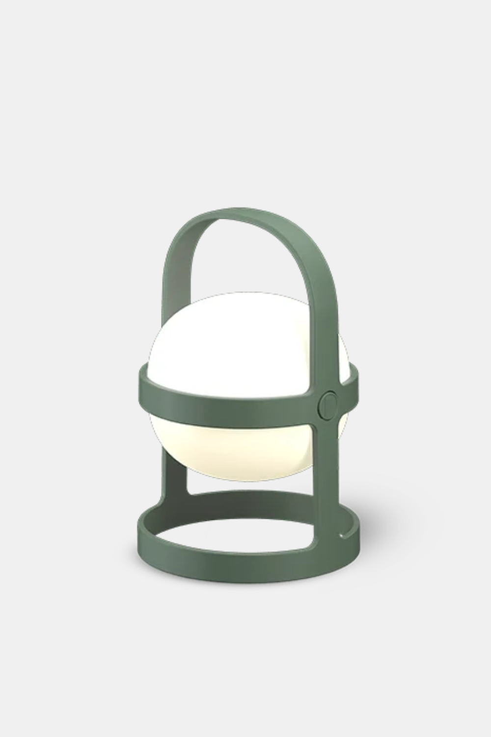 A modern spherical table lamp with a matte sage green frame and handle, featuring a glowing white globe shade, set against a light gray background.