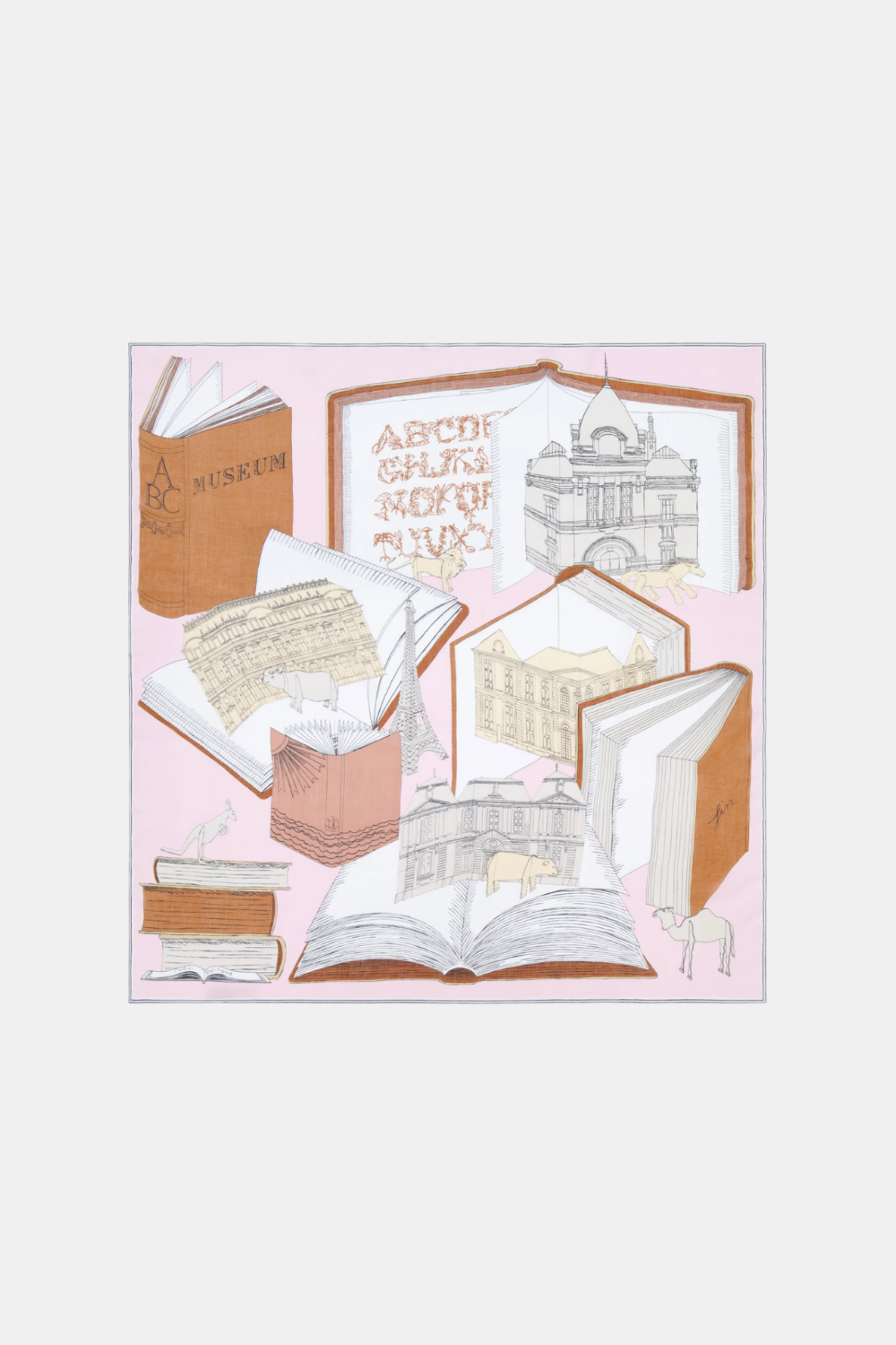 A square graphic print featuring a collage of illustrated open books, manuscripts, and architectural drawings on a light pink background, centered on a light gray canvas.