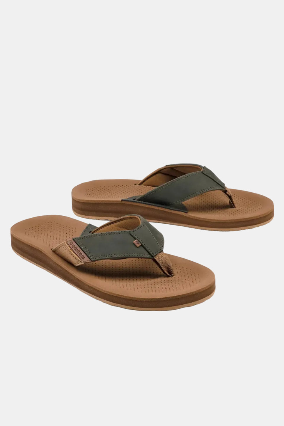 Pair of brown and green sandals on a white background