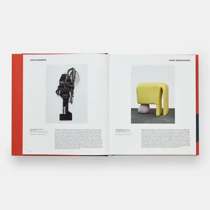 Open book showing two pages with images of sculptures and text.