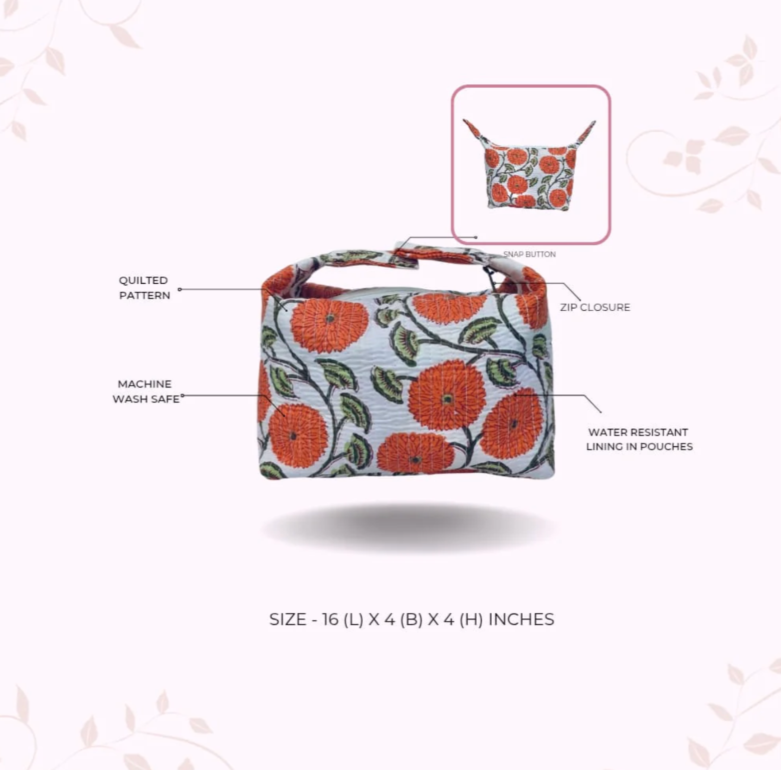 A quilted patterned cosmetic pouch with orange and green floral motifs on a light blue-gray background, shown with callout labels pointing to its features and a small inset showing the zip closure.