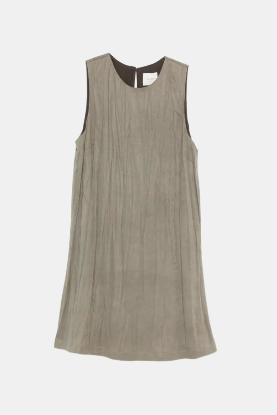 A sleeveless, A-line shift dress in a textured taupe fabric, shown flat against a solid white background.