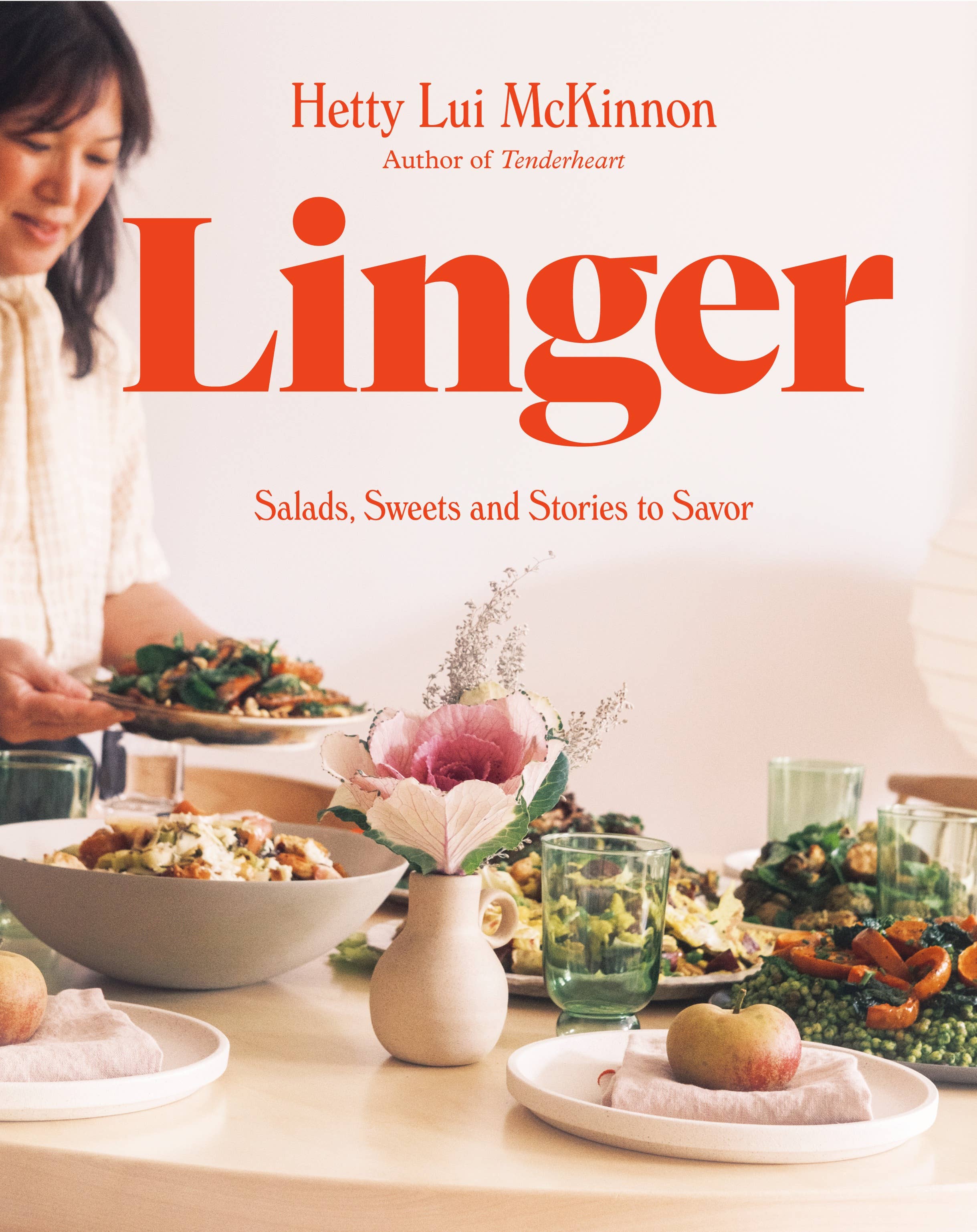 Book cover of 'Linger' with a woman and table setting