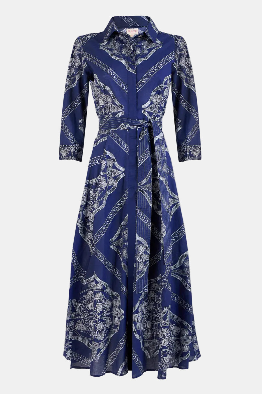 Blue patterned dress on a white background