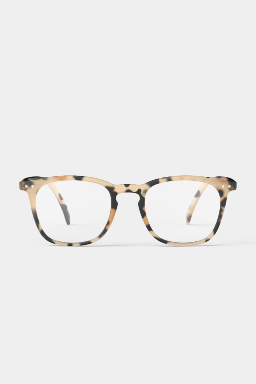 A pair of full-rim eyeglasses with a classic square frame in a tortoiseshell pattern of beige, brown, and black, shown against a plain light gray background.