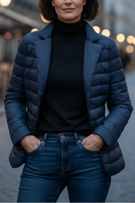 Woman wearing a blue puffer jacket and black turtleneck standing on a city street.
