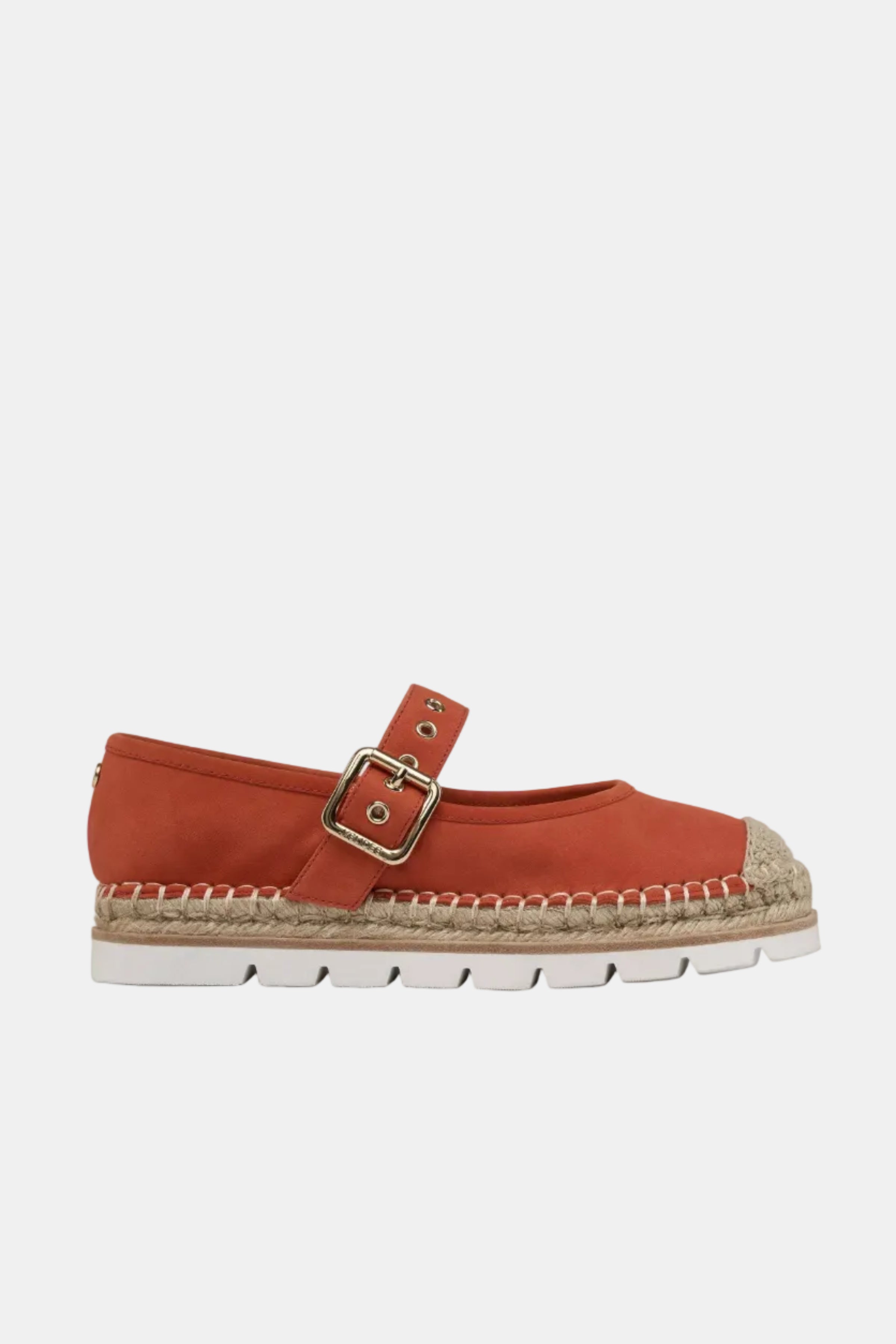 Orange espadrille shoe with a buckle on a white background
