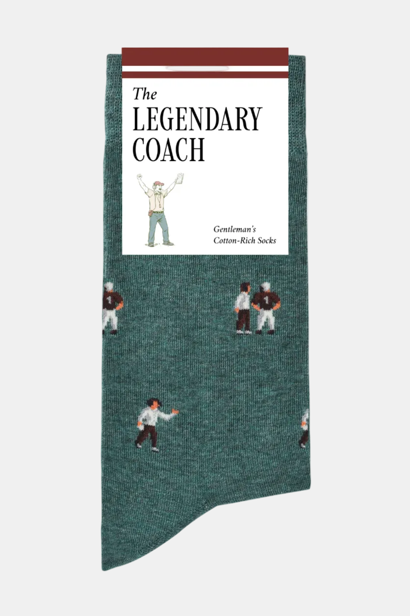 Green sock with coach design and 'The Legendary Coach' packaging on a white background