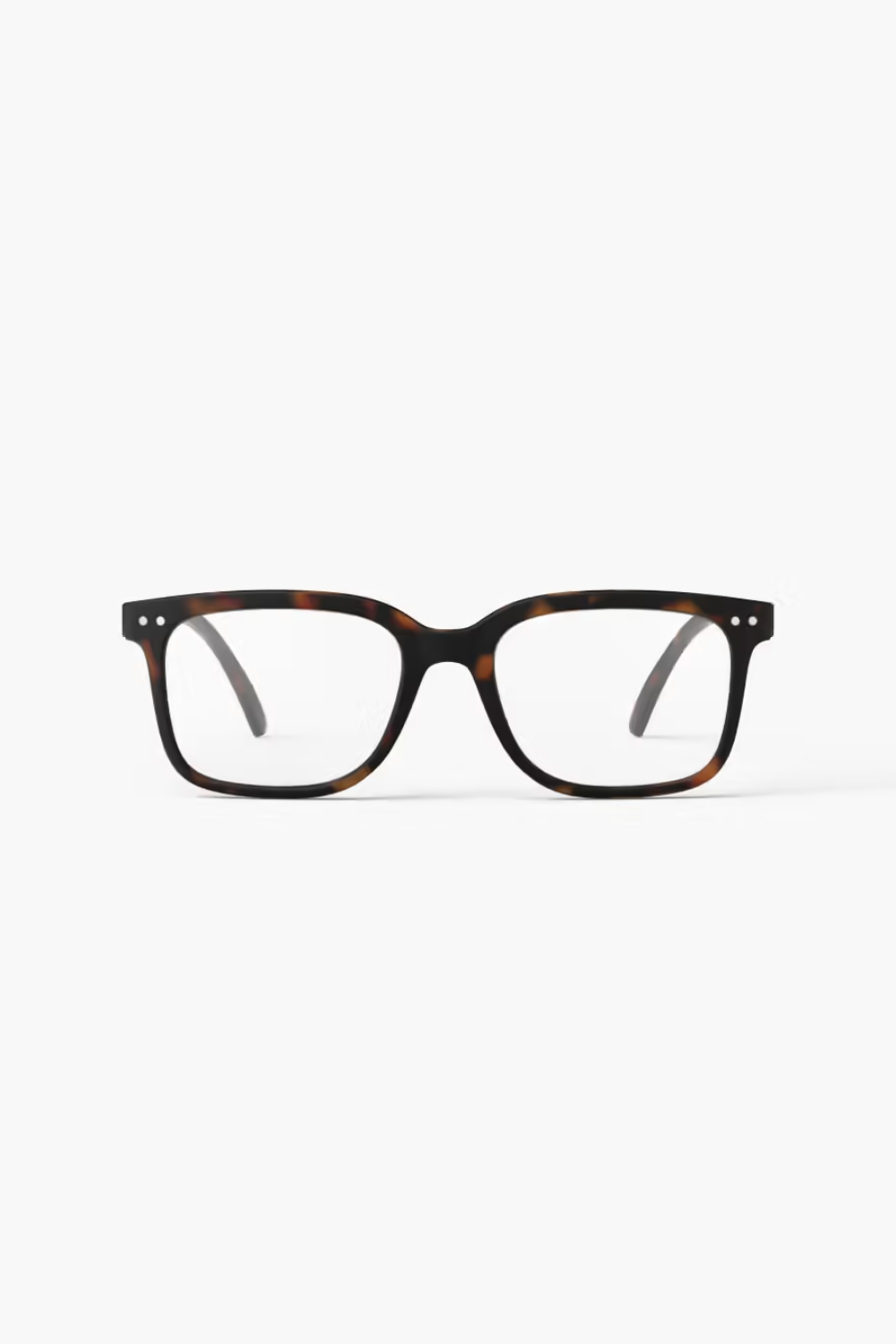 A pair of square-framed eyeglasses with a dark brown and black tortoiseshell pattern, shown from the front on a clean white background.