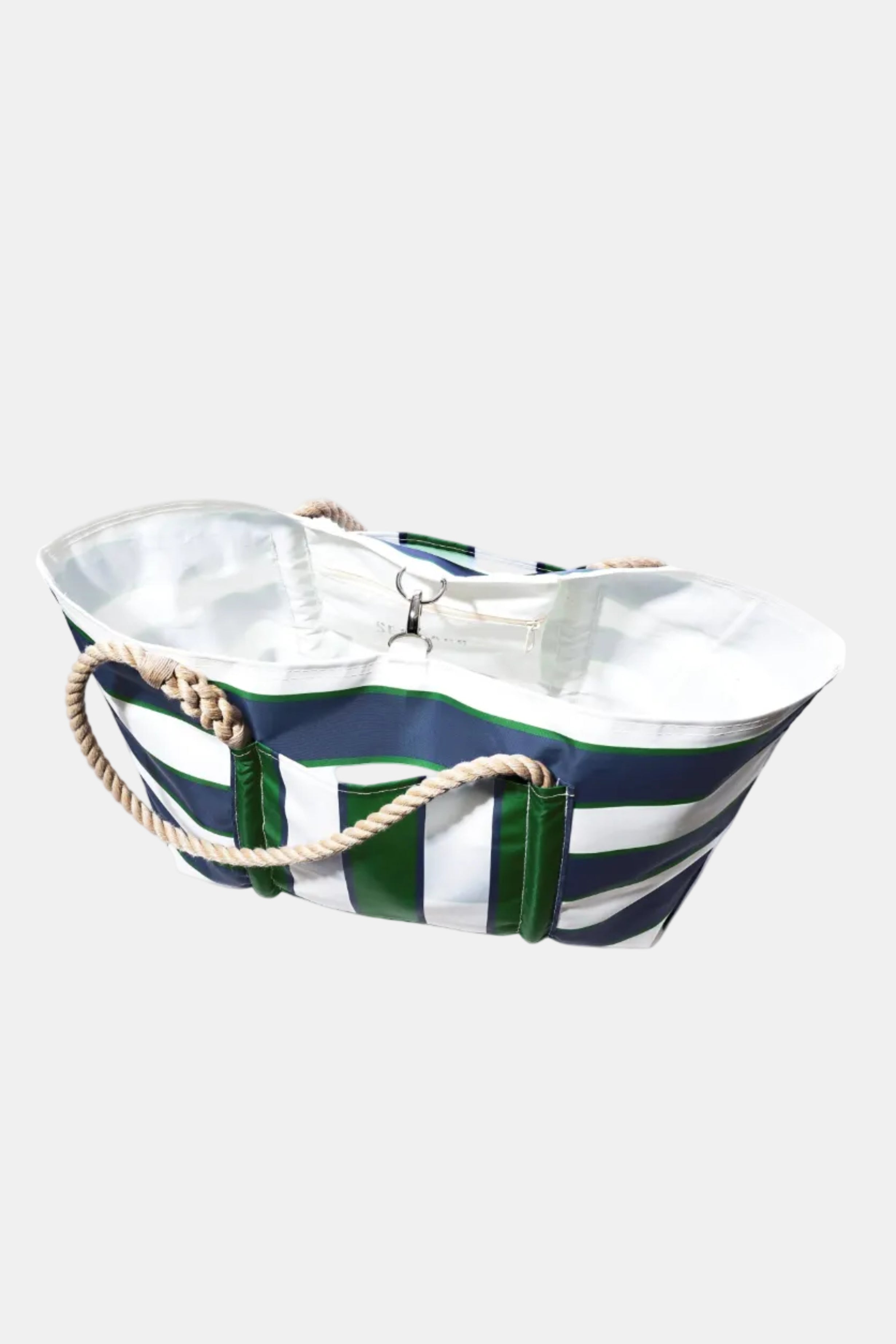Striped bag with green, white, and navy pattern on a white background