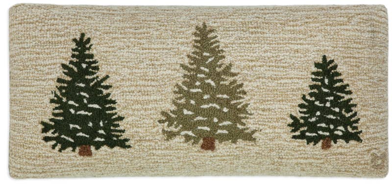 Frosted Trees Christmas Decor: Hooked Wool Top Hickory Bench