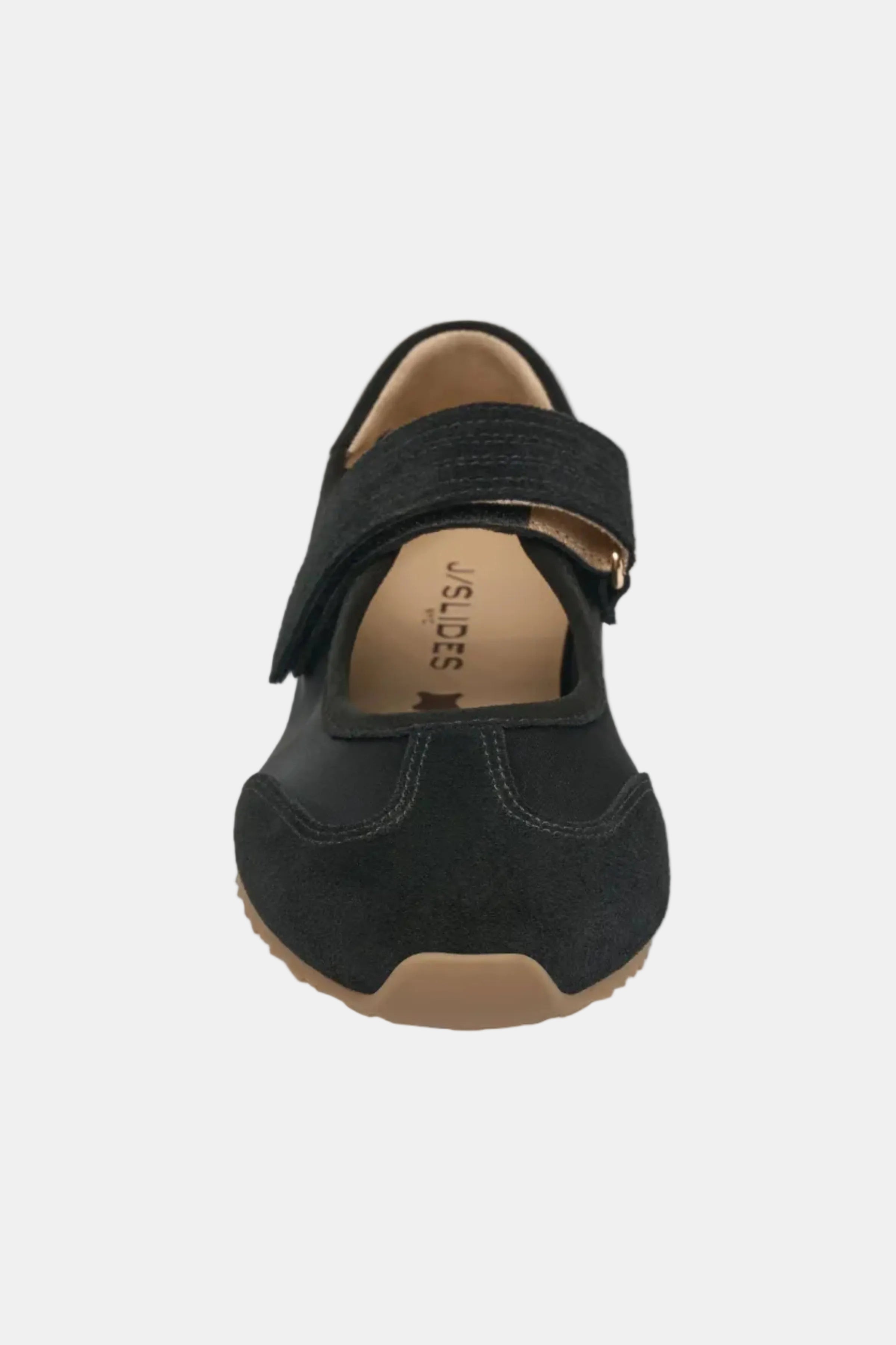 Black shoe with a strap on a white background