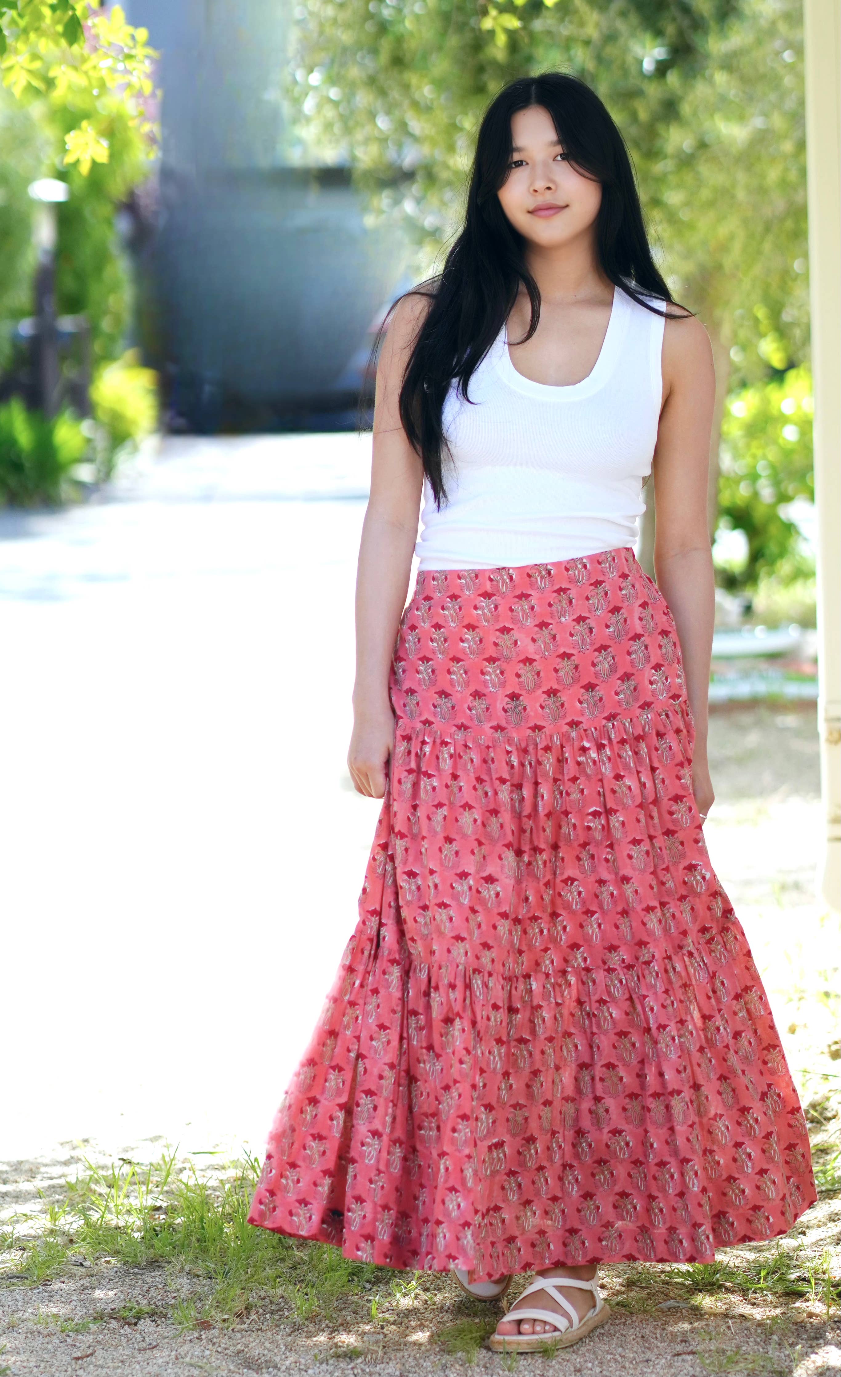 Block Printed Tiered Cotton Skirt-Coral