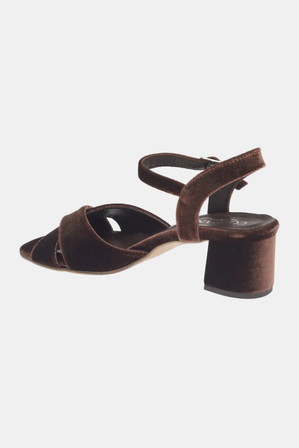 A single dark brown velvet heeled sandal with an ankle strap and open toe, shown from a side-rear angle on a white background.