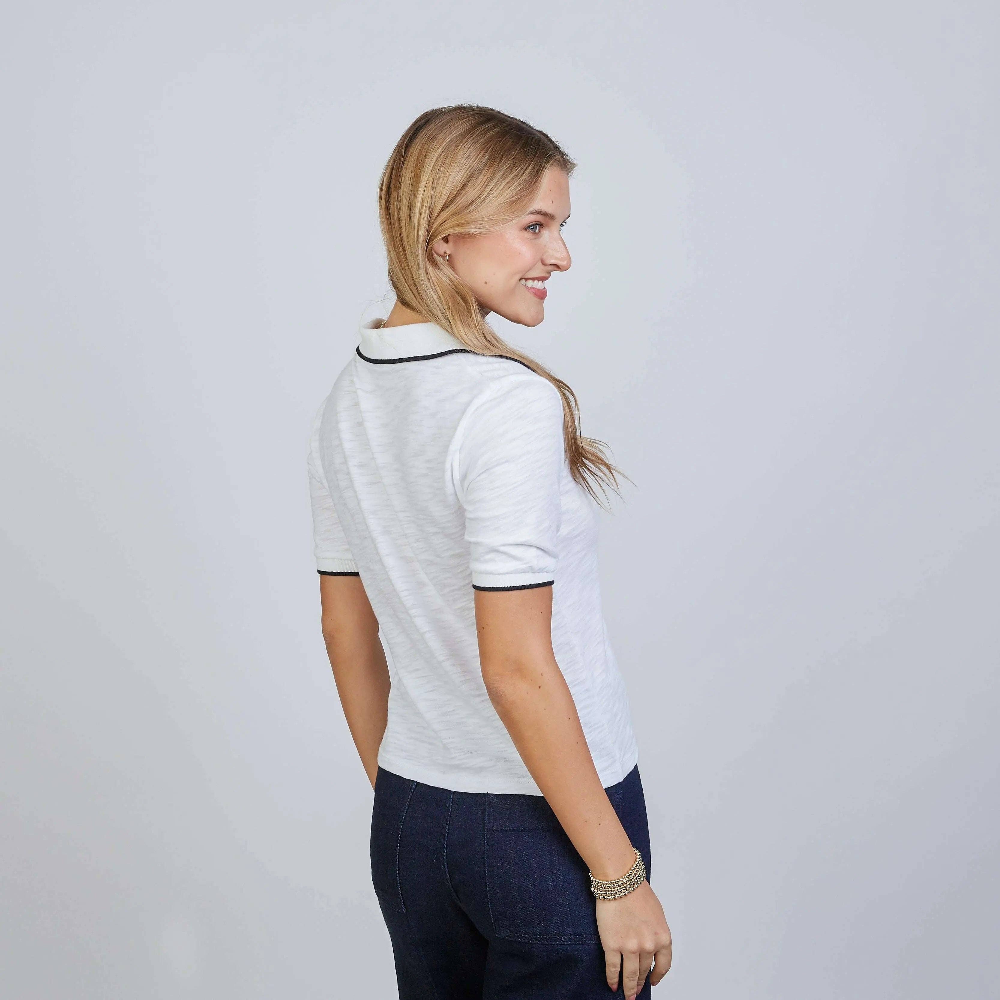Piper Polo in White with Black Contrast Piping - Short Sleeve
