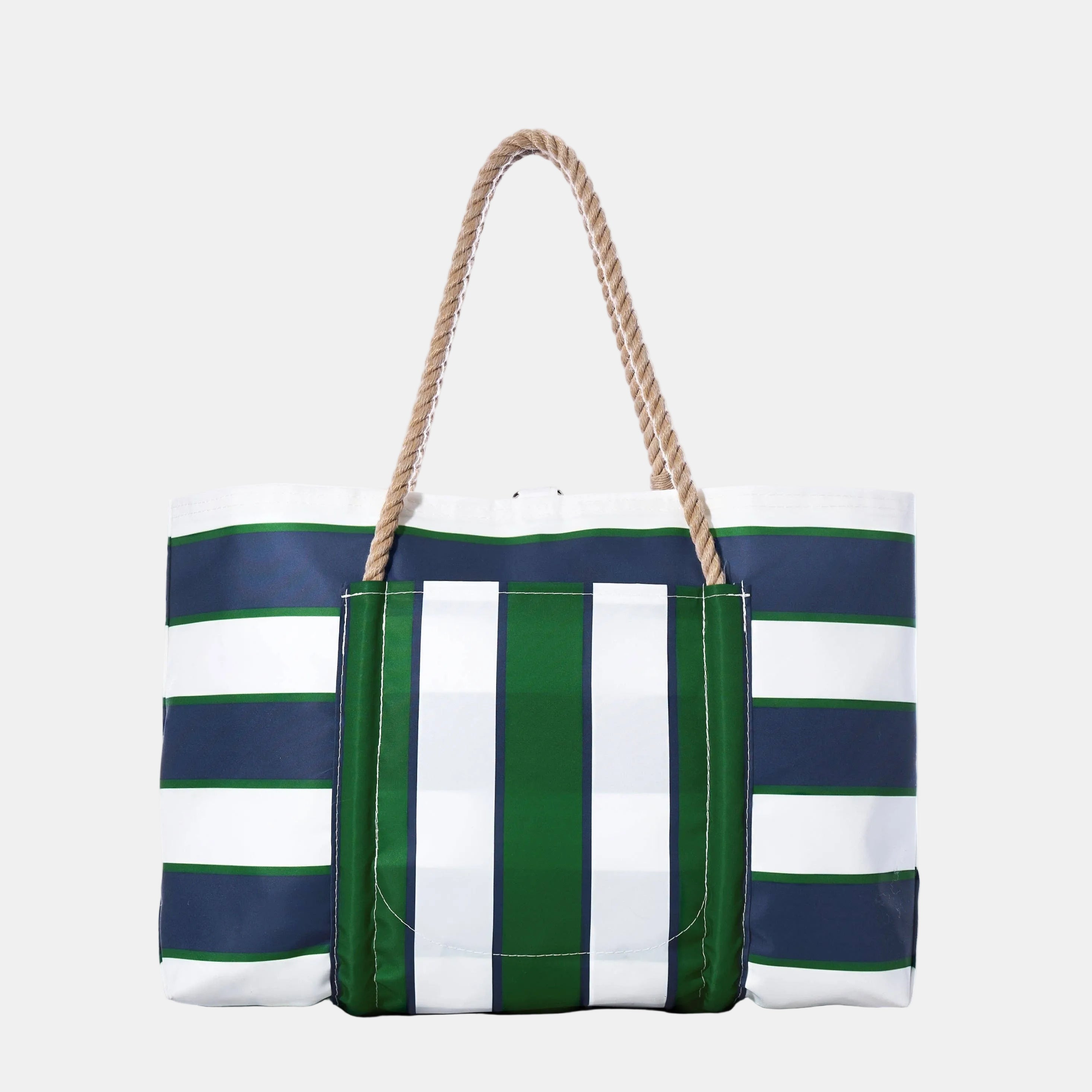 Striped tote bag with navy, green, and white colors on a white background