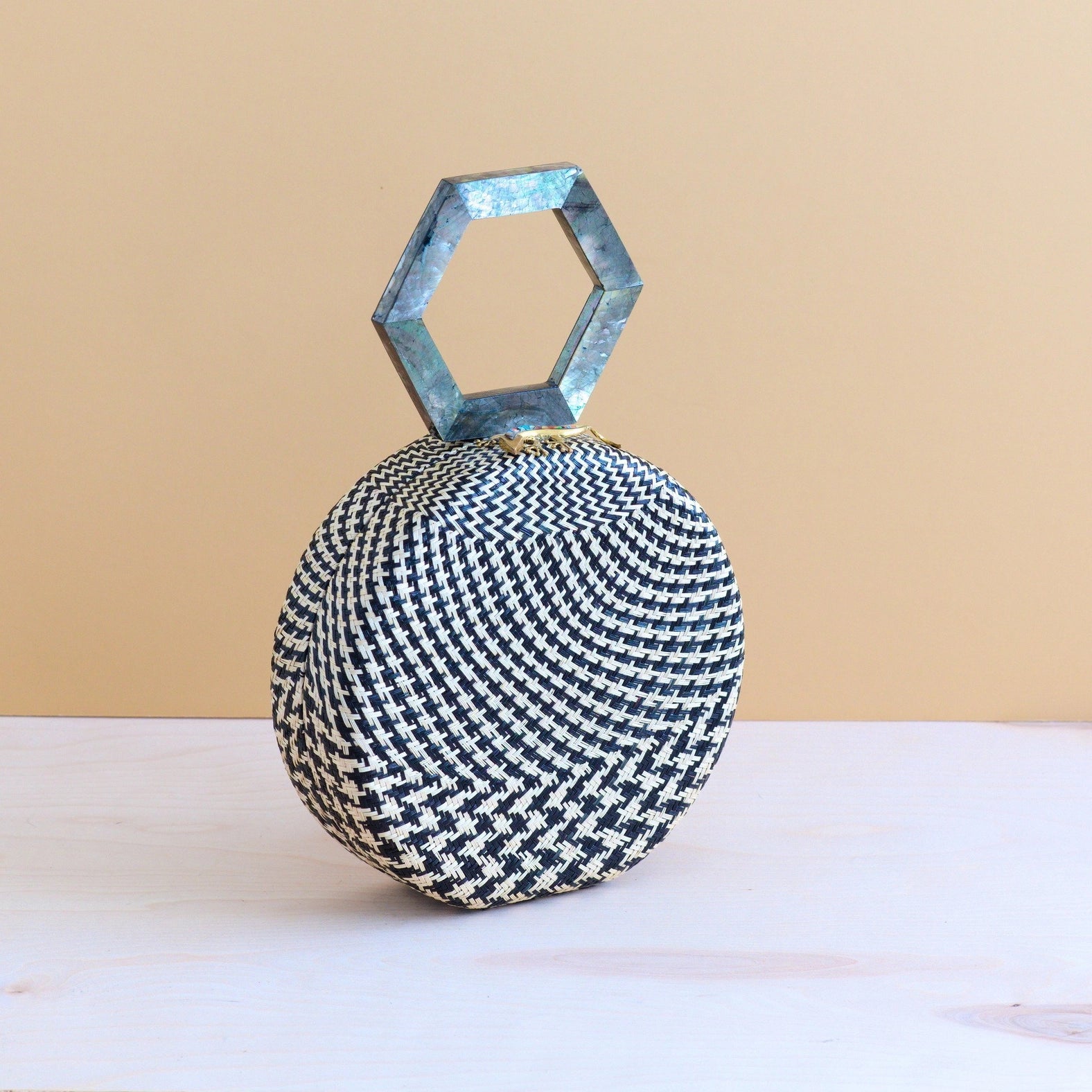 Black Round Handwoven Handbag with Mother of Pearl Handle