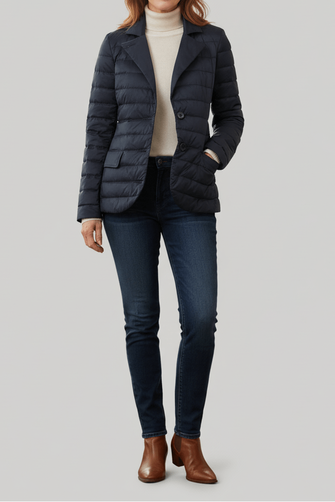 Woman wearing a dark blue puffer jacket on a gray background