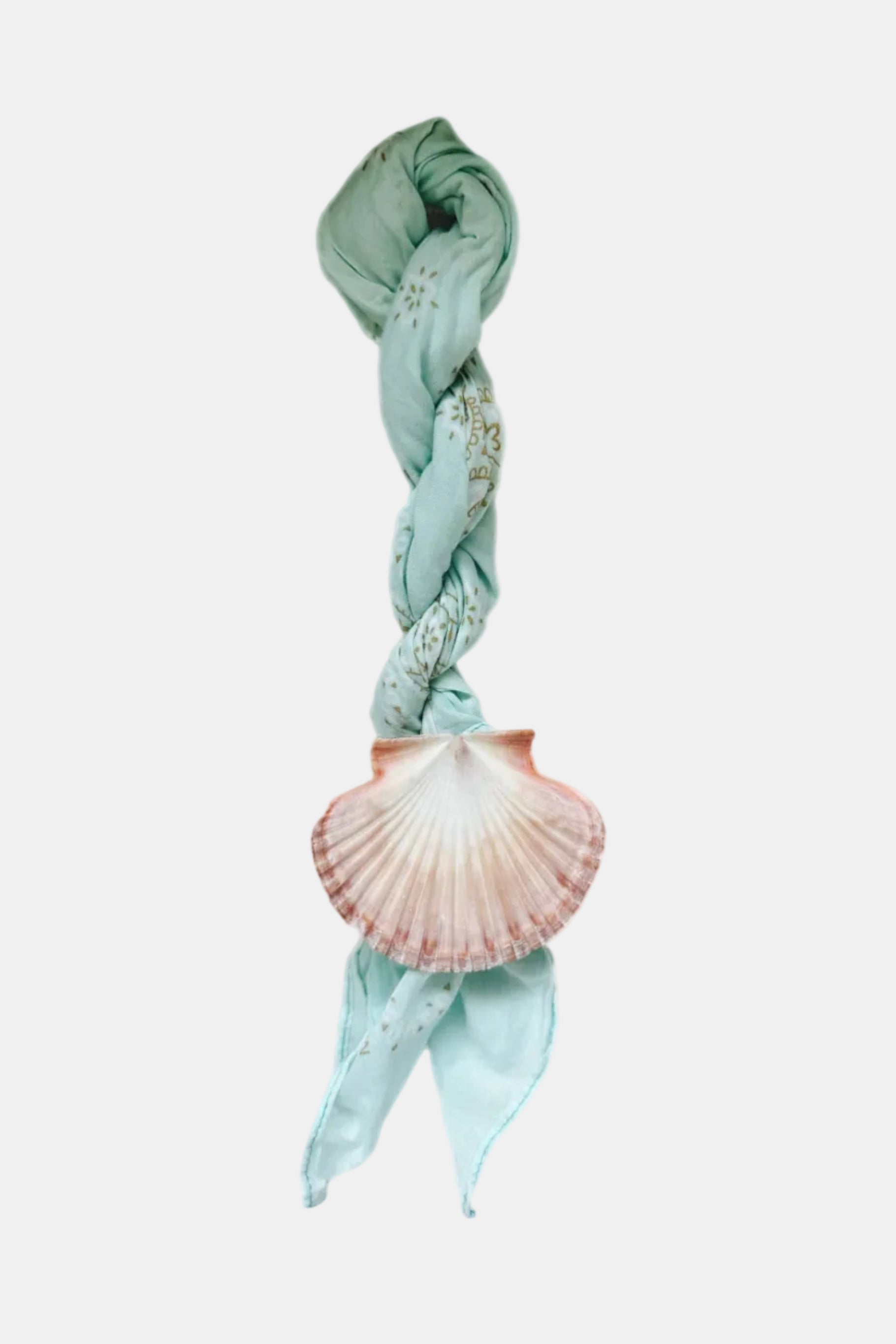 Braided light blue yarn with a pink shell on a white background