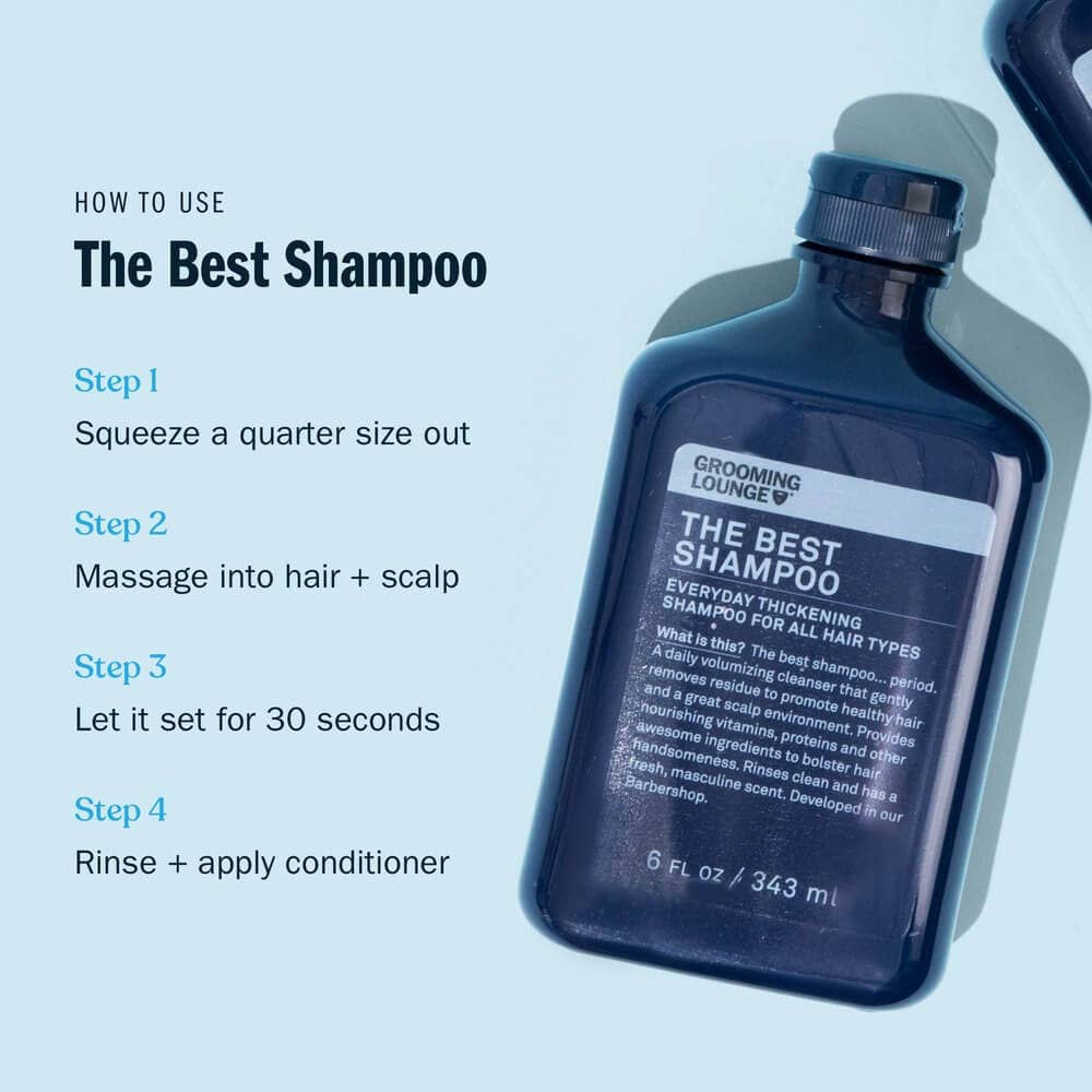 Bottle of 'The Best Shampoo' with usage instructions on a light blue background