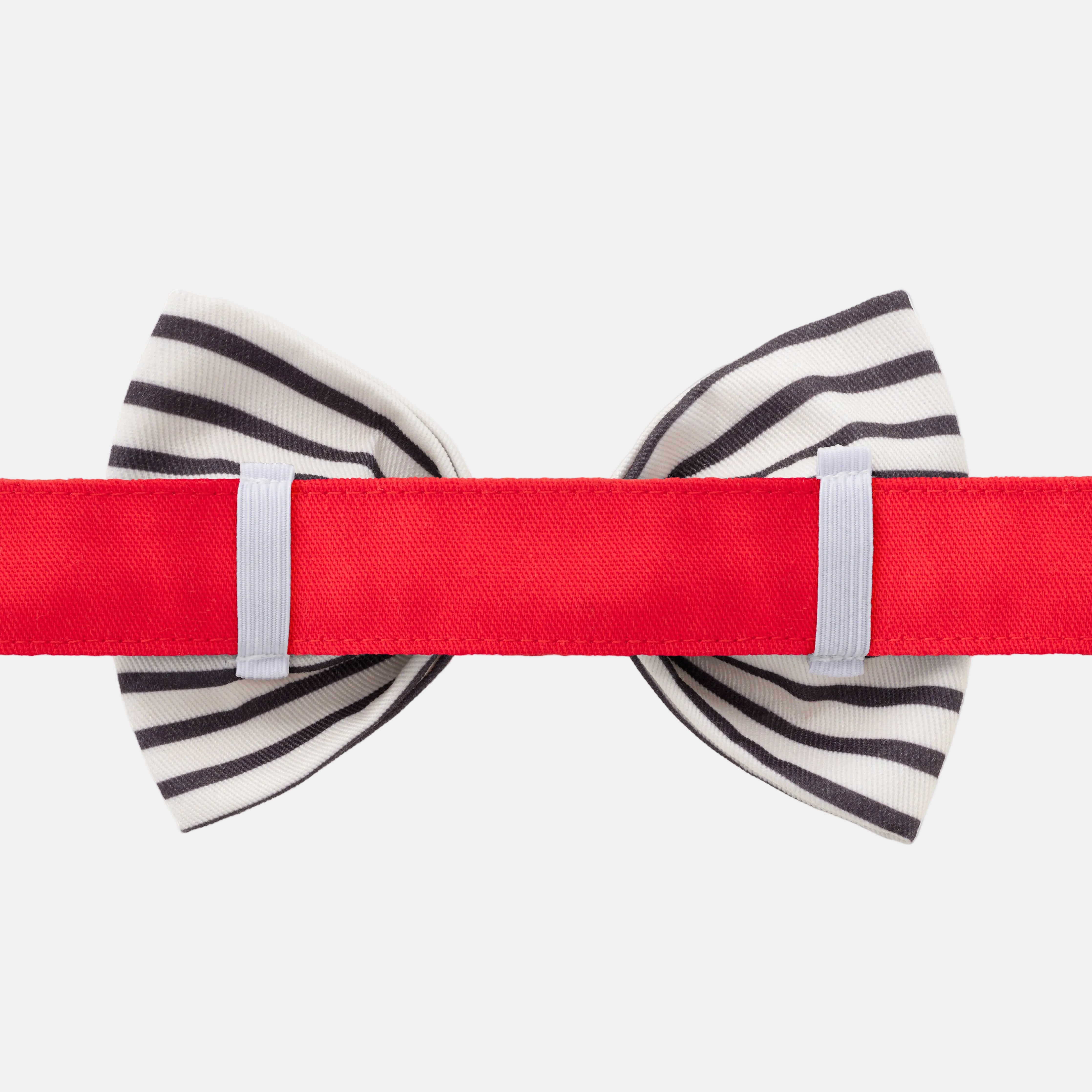 Bow tie with red ribbon and striped pattern on a white background