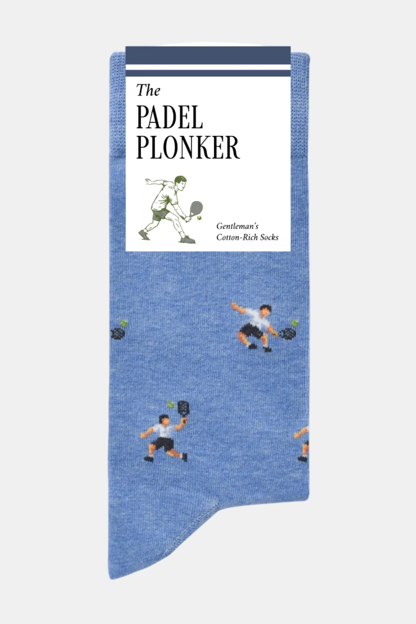 Blue sock with padel player design and 'The Padel Plonker' packaging on a white background
