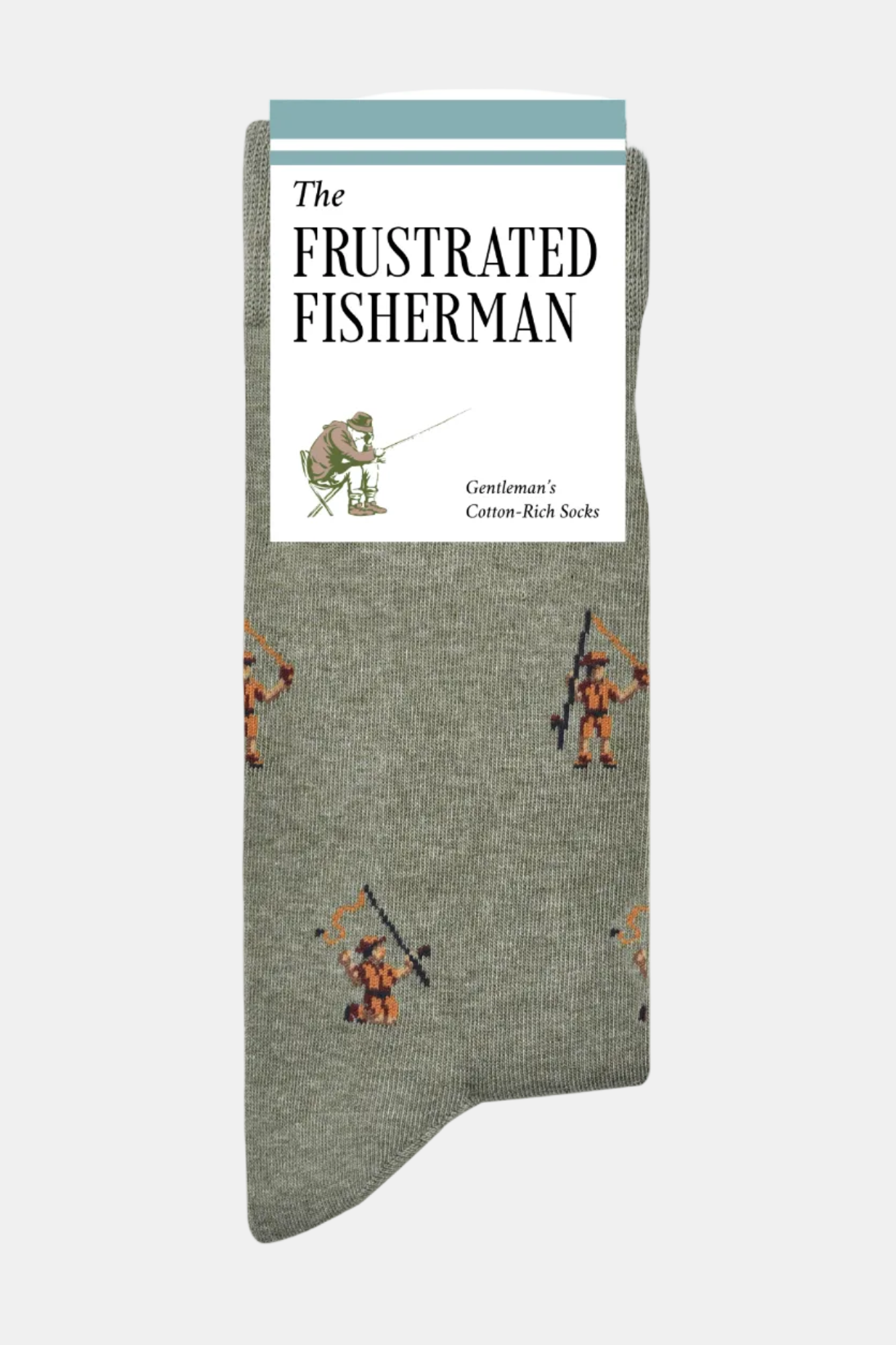 Gray sock with fishing-themed design and 'The Frustrated Fisherman' packaging on a white background