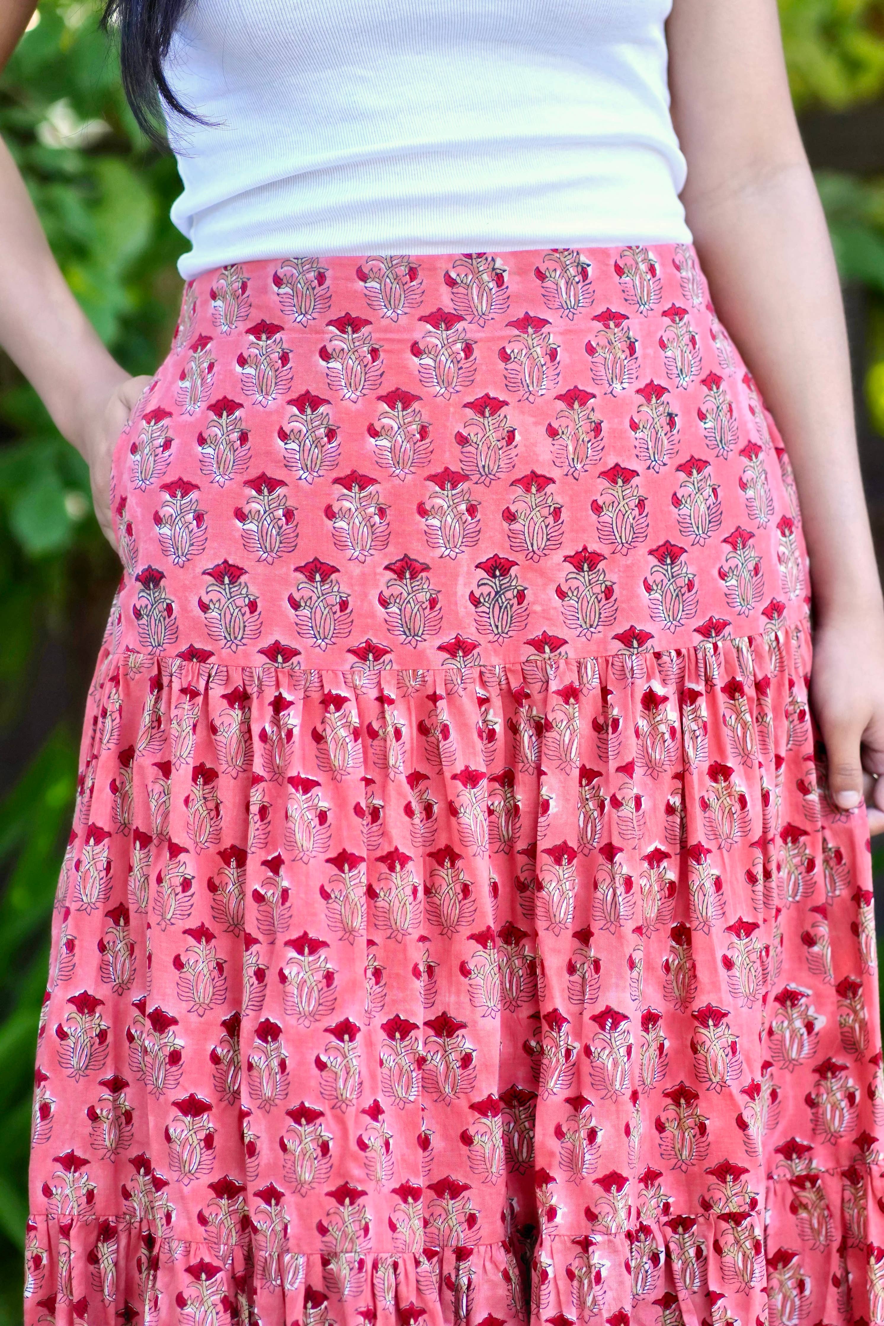 Block Printed Tiered Cotton Skirt-Coral