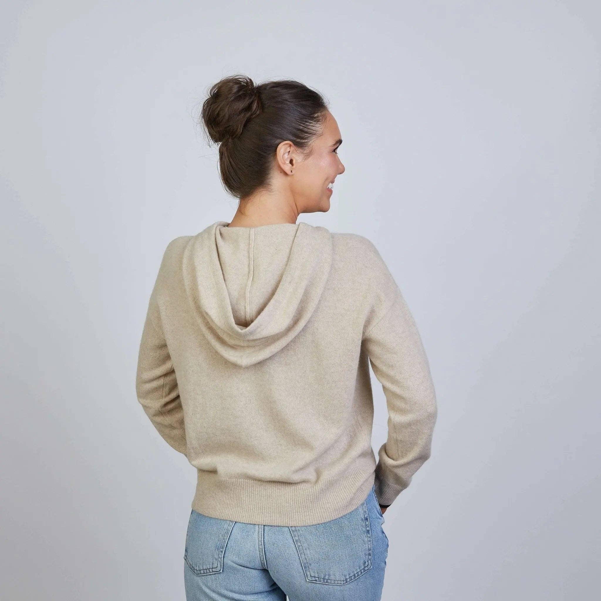 Highland Hoodie 100% Mongolian Cashmere in Beige with Black