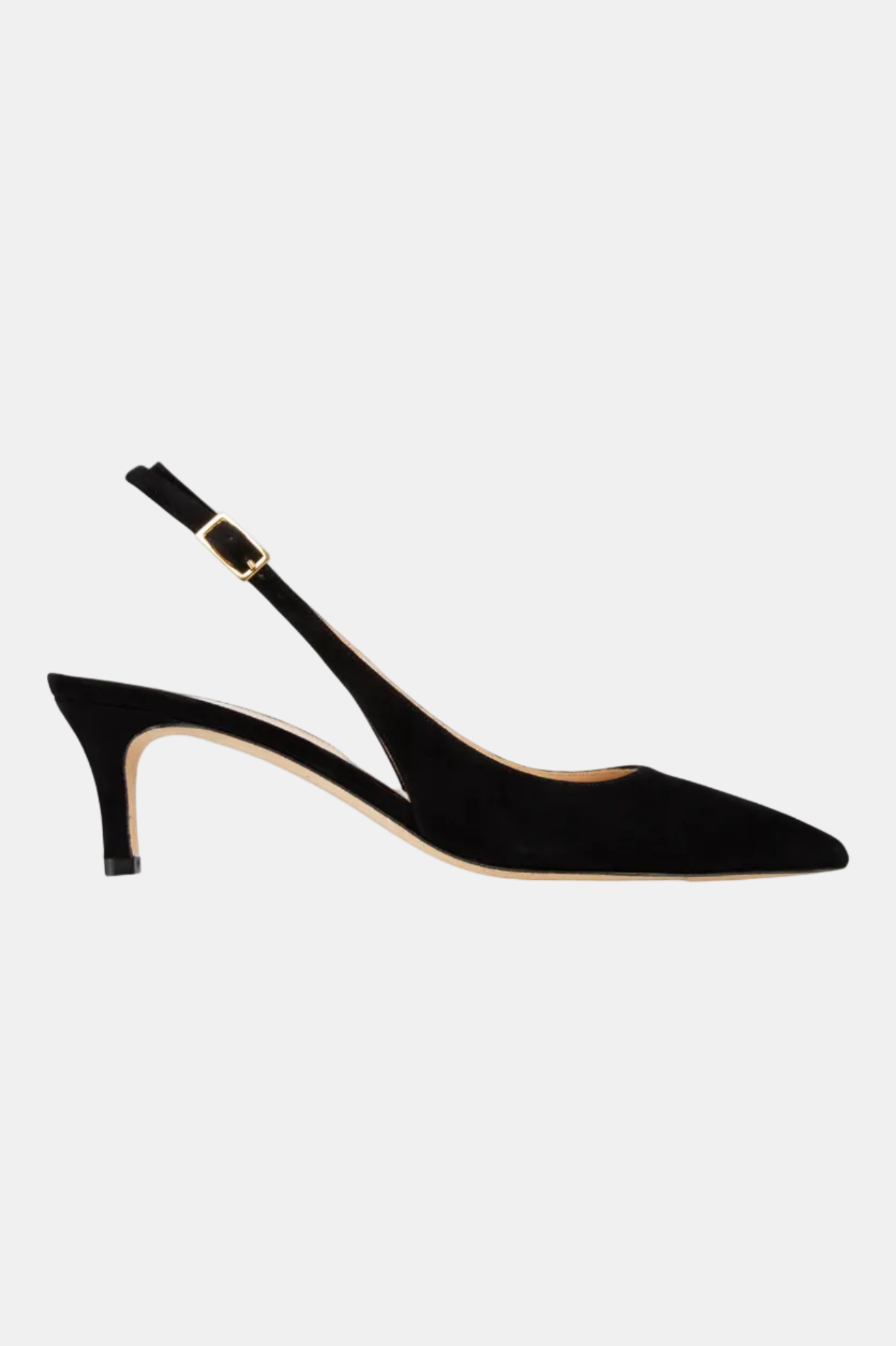 Black slingback shoe on a white background